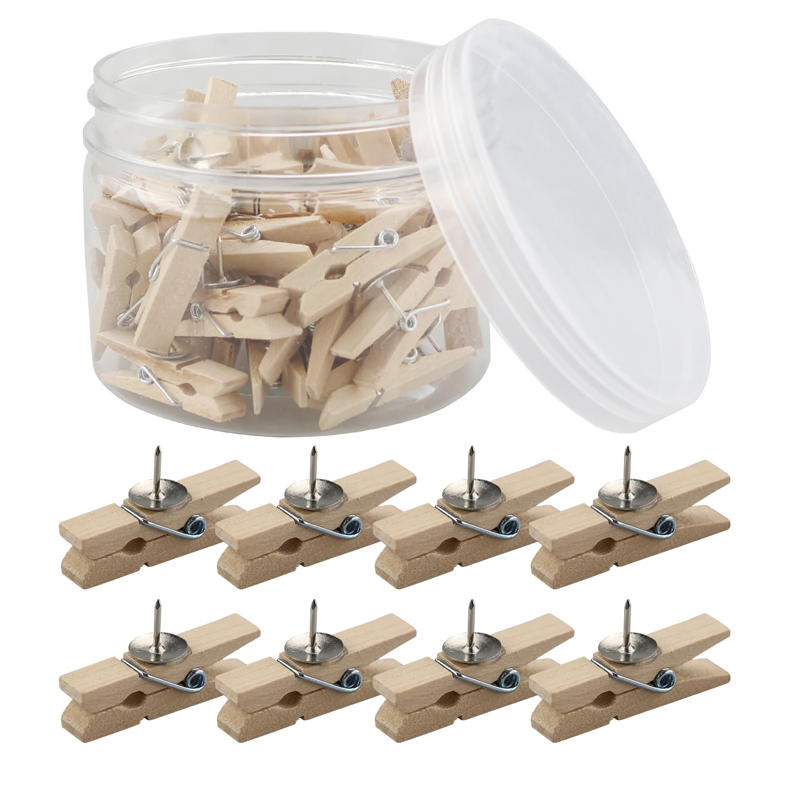 HXMJIED 50PCS Push Pins With Wooden Clips, Steel Points Map Pins, Pushpins Paper Clips, Thumbtacks for Cork Notice Board, Bulletin Boards
