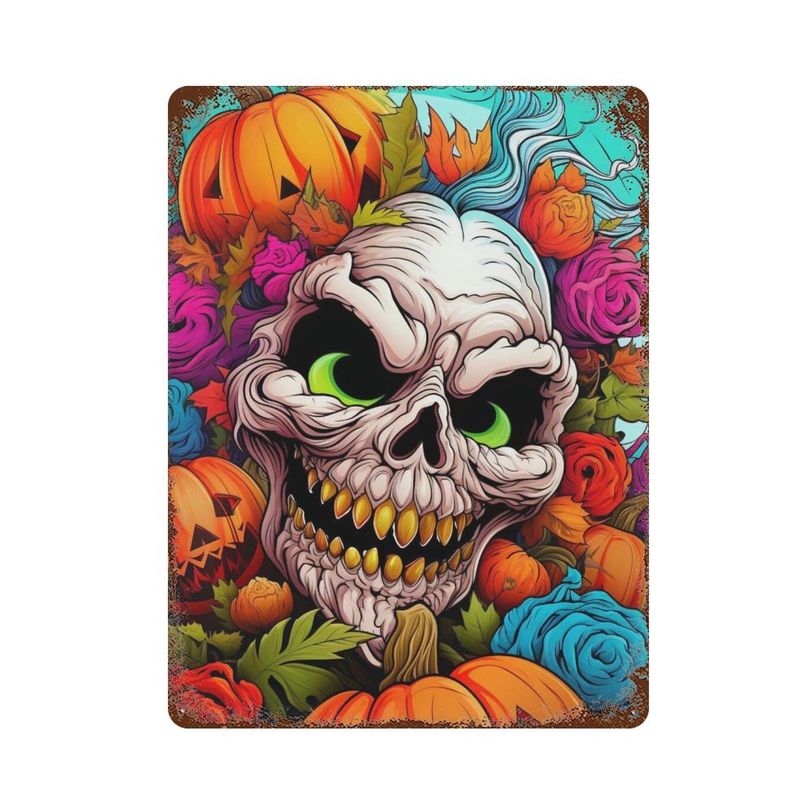 Garage Style Halloween Skull with Pumpkins Retro Metal Sign 15.7"x11.8", Classic Wall Plaque for Bar And Workshop