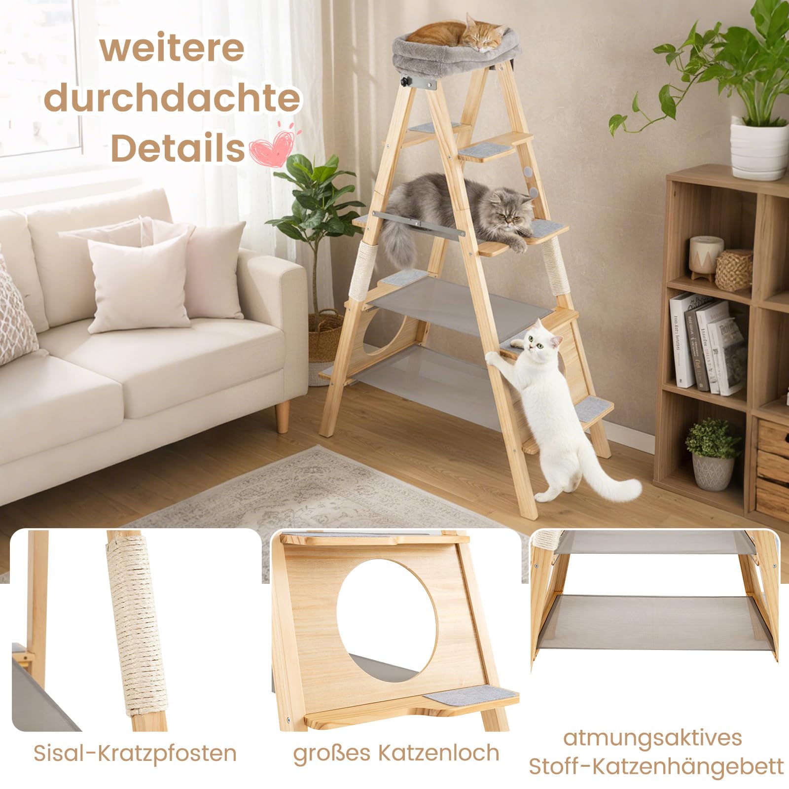 COSTWAY Kratzbaum und Leiter, 5-stöckiger Katzenbaum mit Sisal-Kratzpfosten & gepolstertem Liegeplatz, Ladder Kletterturm faltbar, aus massivem Kiefernholz, Katzenkratzbaum groß, 151 cm hoch, Natur