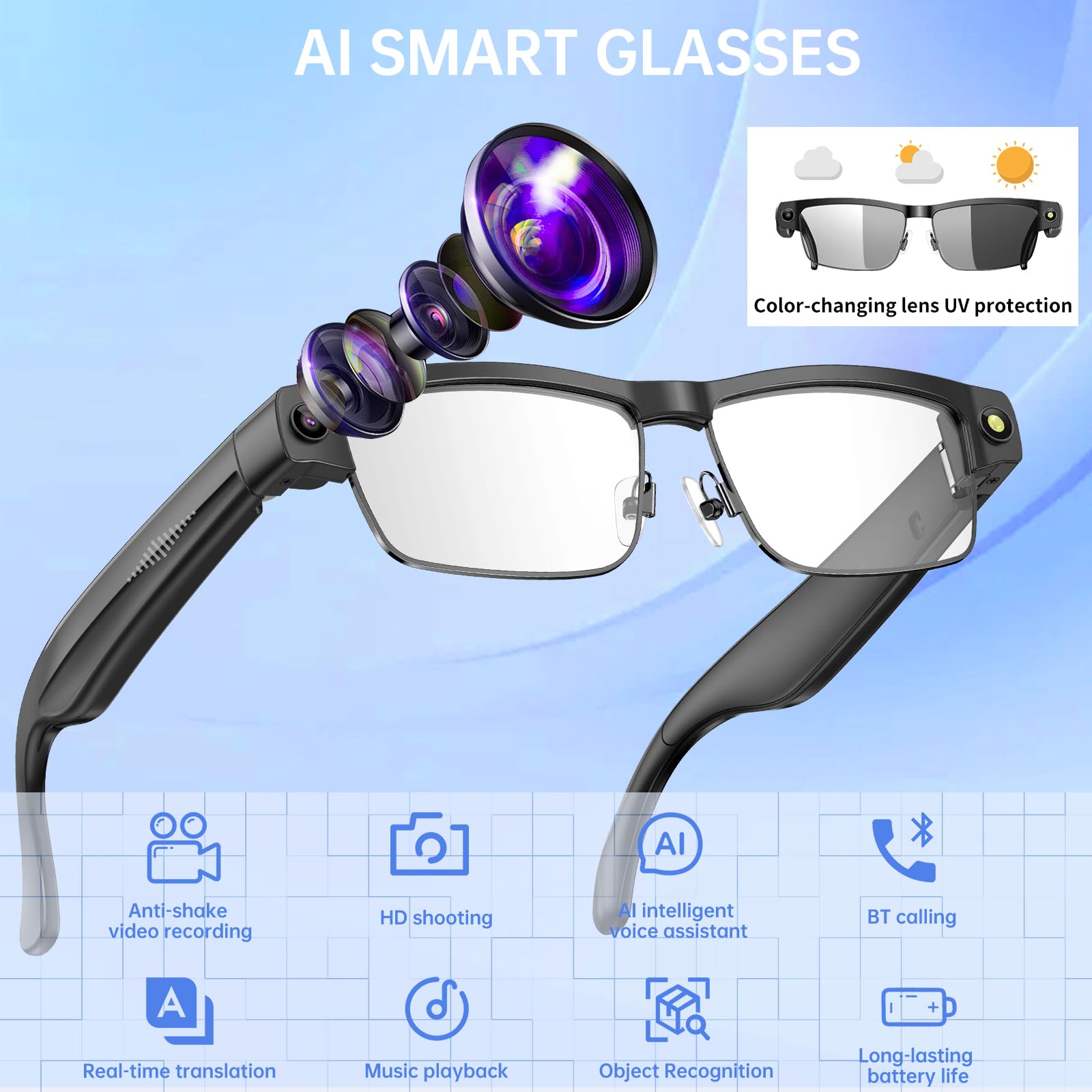 Occhiali Intelligenti con telecamera , Registrazione videocamera, Audio Open-Ear, ANC,Chiamate, smart ai glasses fotocamera alla Moda con Protezione UV, WiFi e Traduzione in Tempo Reale per Uomo Donna