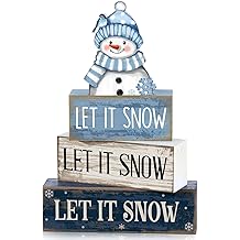 4 Pcs Winter Table Decoration Blue and White Snowman Decor Winter Tiered Tray Decor Christmas Centerpiece Decorative Wooden Snowman Block Sign Gift Christmas Decoration for Home Kitchen
