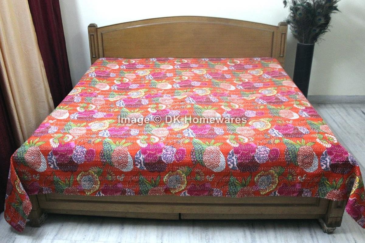 Indian Bohemian Orange Queen Size Kanta Quilt Cristmas Gift Cotton Kantha Work Tropical Fruit Printed Hand Stitched (108 x 90) -Set of 1 Coverlet Bedspread