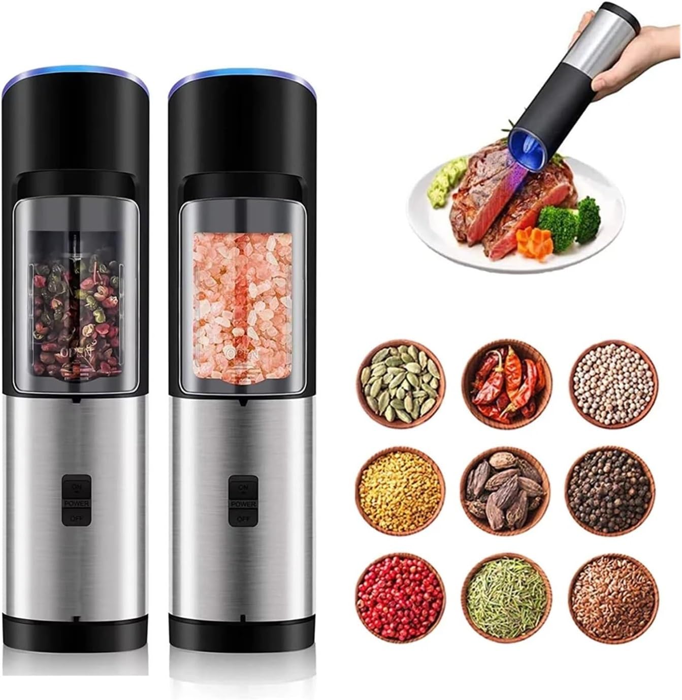 1/2Pcs Electric Salt and Pepper Grinder Automatic Spice Mill Power Light Adjustable Coarseness Salt Grinders(1Pc)