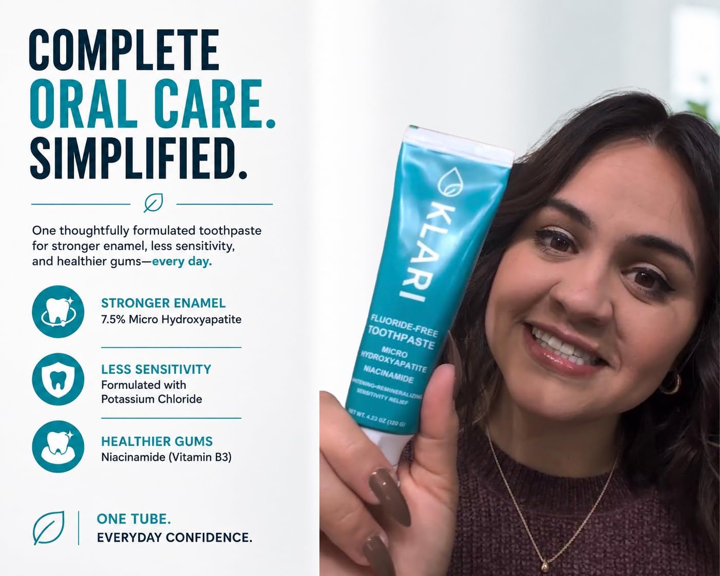 KLARI Micro Hydroxyapatite Toothpaste, Non Nano, Fluoride-Free, 4.23 oz | Niacinamide (Vitamin B3) | Enamel Remineralization Support | Sensitivity Support | Gum Health Support | Gentle Whitening