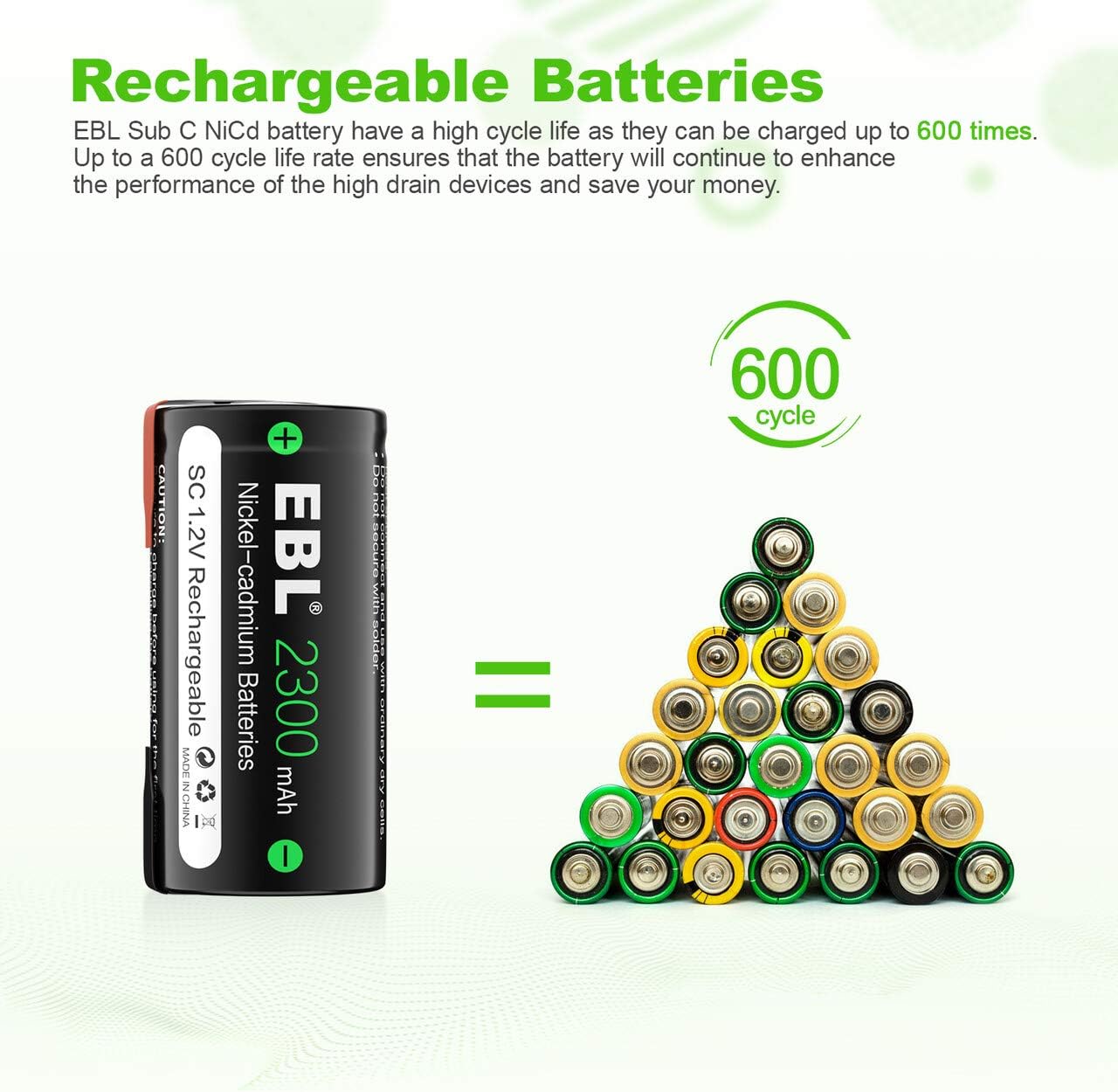 EBL 2300mAh Sub C NiCd Rechargeable Batteries for Power Tools 1.2V Flat Top Sub-C Cell Batteries with Tabs, 4 Packs