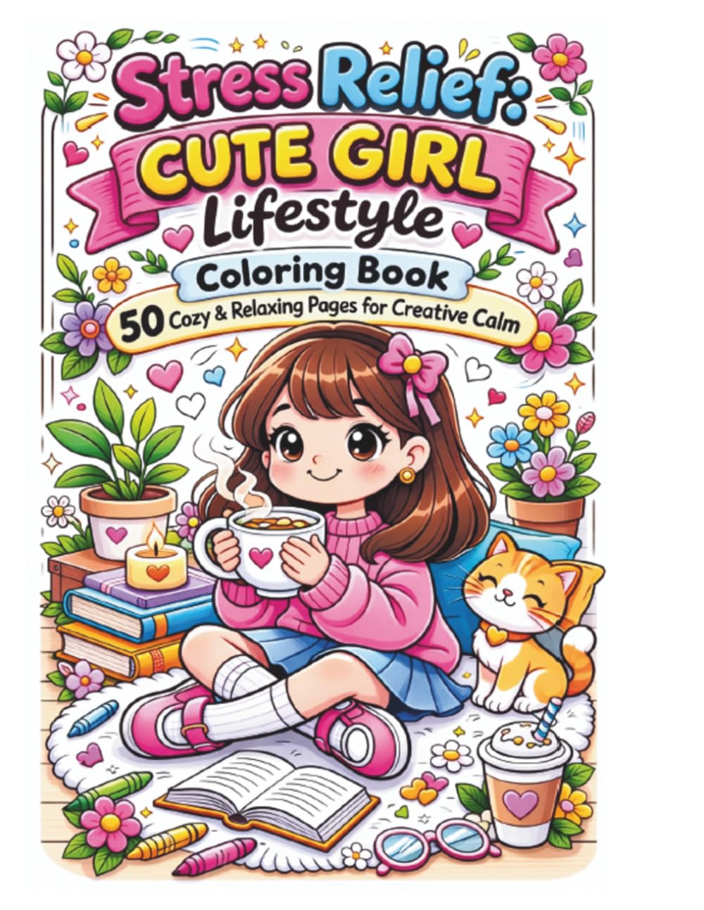 Stress Relief Cute Girl Lifestyle Coloring Book: 50 Cozy & Relaxing Kawaii Pages for Teens and Adults