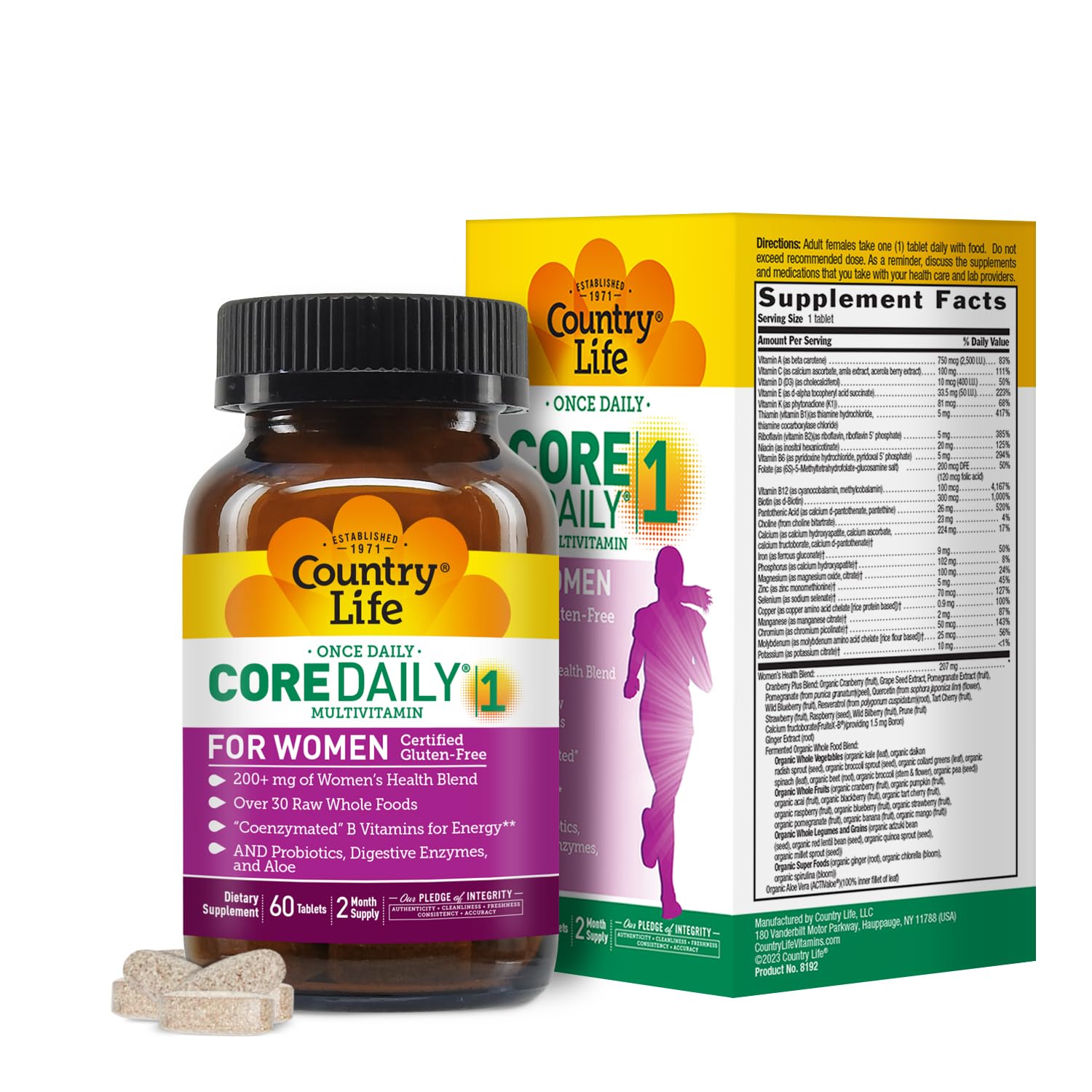 Country LifeWomen’s Core 1 Daily Multivitamin with Iron, Cranberry, Probiotics, and Digestive Enzymes-Certified Gluten-Free Formula for Energy, Immune Support and Complete Digestive Health,60 Tablets
