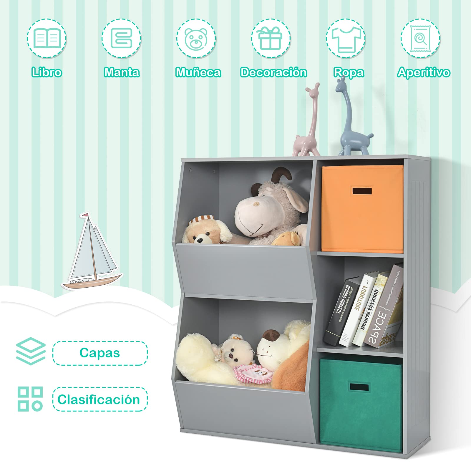 COSTWAY Estantería Infantil para Juguetes, Organizador de Juguetes, 3 Cubos y 2 Amplias Cajas Abiertas, Sala de Juegos de los Niños, Salón, 76 cm x 28 cm x 94 cm (Gris)