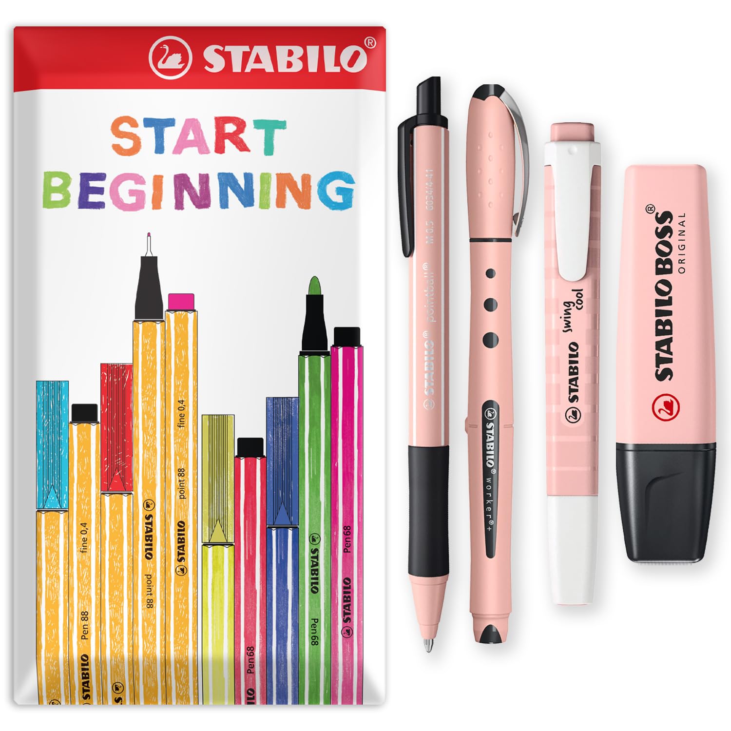 STABILO NatureCOLORS Wildflower Pen Set | BOSS ORIGINAL & swing cool Highlighter & pointball Ballpoint Pen & worker+ Rollerball with Blue Ink | Gift Set of 4 (Blush)