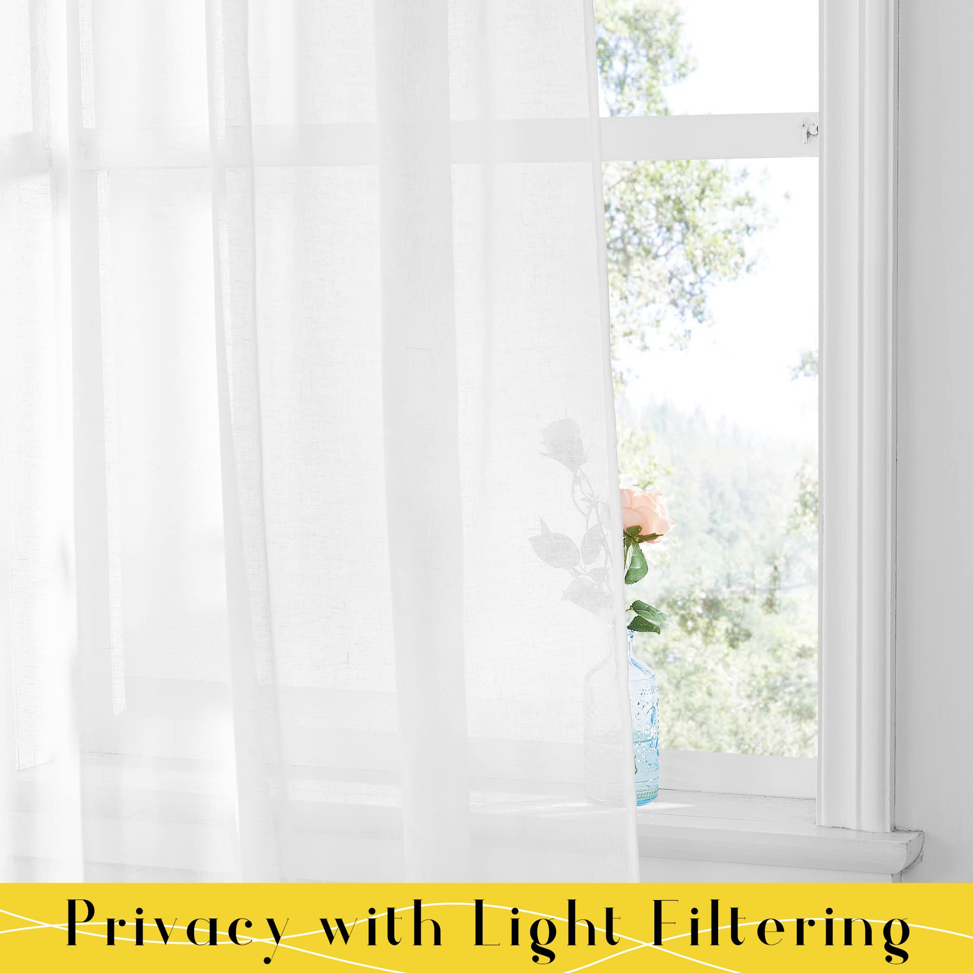 NICETOWN Semi Sheer Linen Curtains 96 inch Long for Princess Room, Decorative Adjustable DIY Tie Top Privacy with Light Filtering Curtains & Drapes for Bedroom, W52 x L96, White, 1 Pair