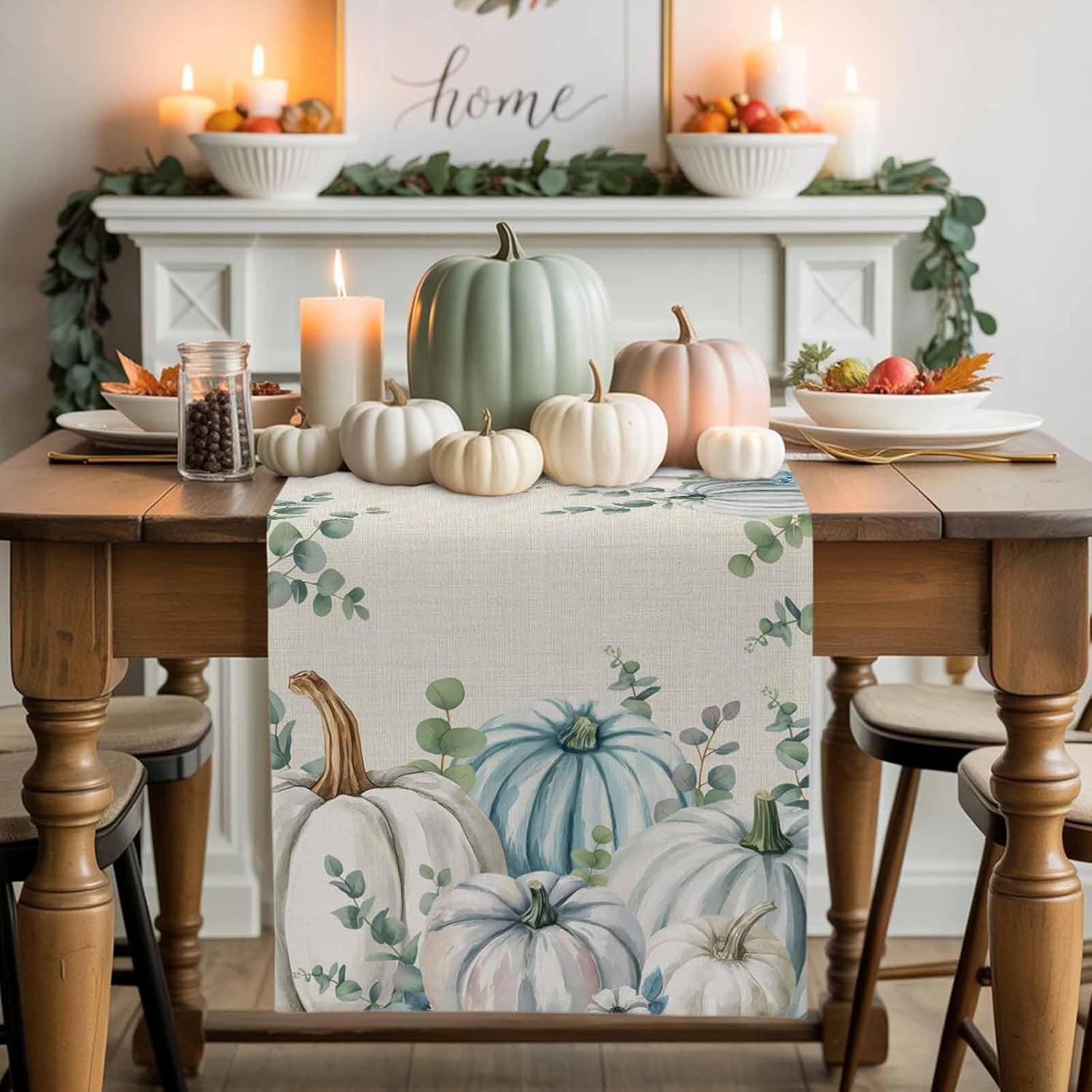 Thanksgiving Fall Green White Pumpkin Table Runners 108inches Long, Eucalyptus Leaves Cotton Linen Kitchen Dining Table Decoration for Wedding/Party/Coffee/Indoor Outdoor Use