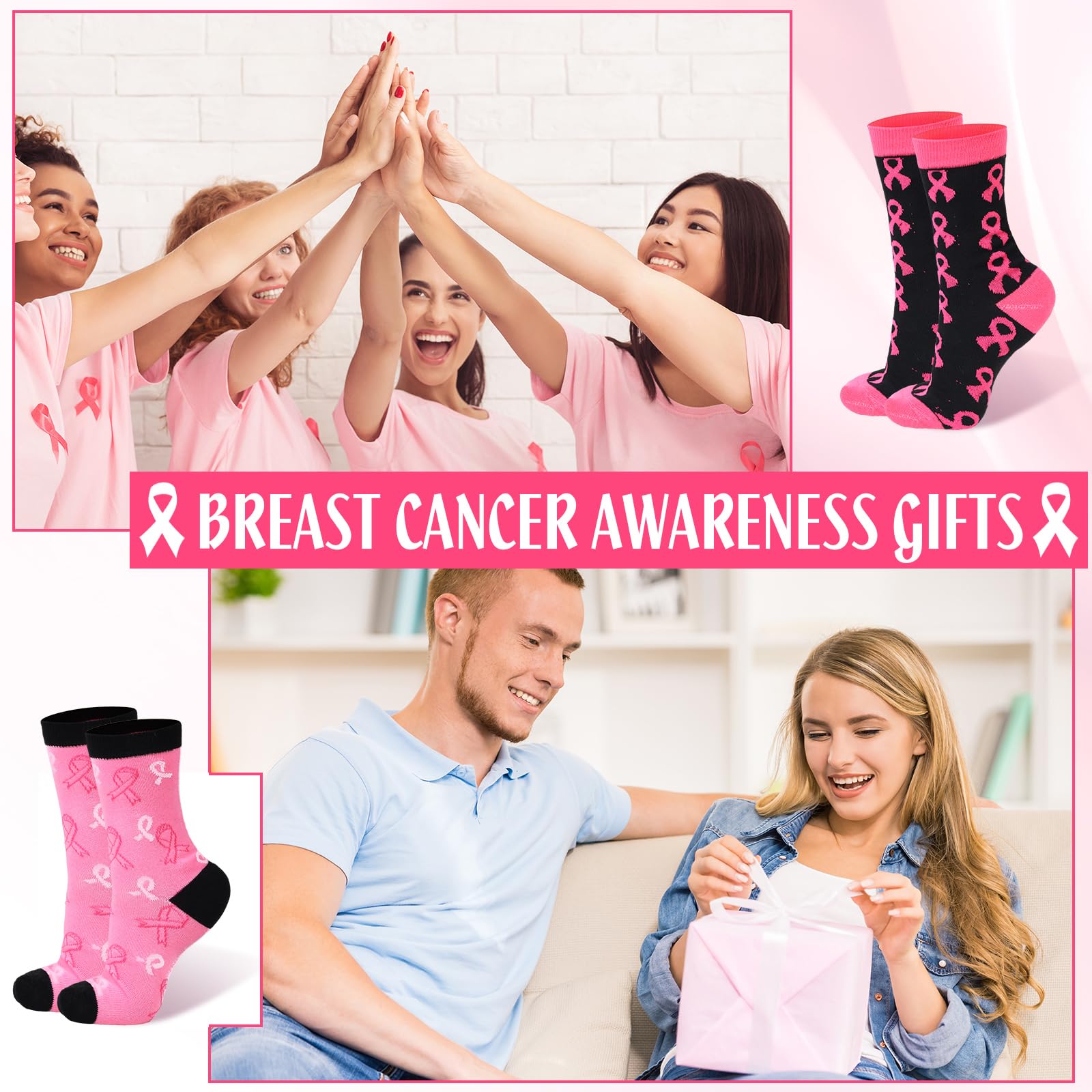 Hercicy 48 Paar Brustkrebs-Bewusstseinssocken, weich, rosa, Crew-Socken, Großpackung, rosa Schleife, Brustkrebs, Geschenke für Frauen, Jugendliche, Sport, Fußball, Cheer Zubehör, Mehrfarbig,