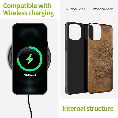 Miniatura 5 de Carveit Funda de madera para iPhone 11 madera real dura y TPU suave negro a prueba de golpes, protector híbrido único de madera para teléfono