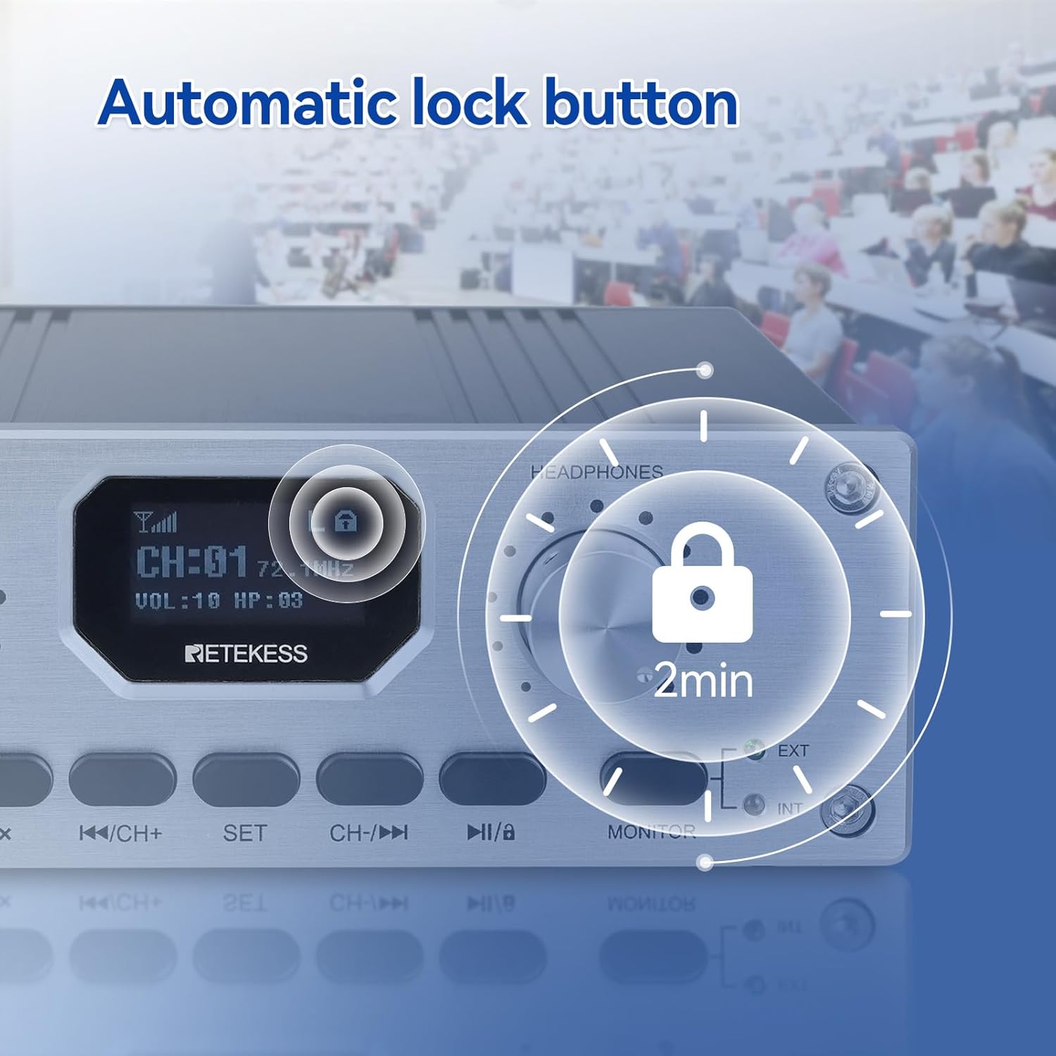 Retekess TT119 transmitter display showing an automatic lock icon and a timer for 2 minutes, indicating the auto-lock feature.