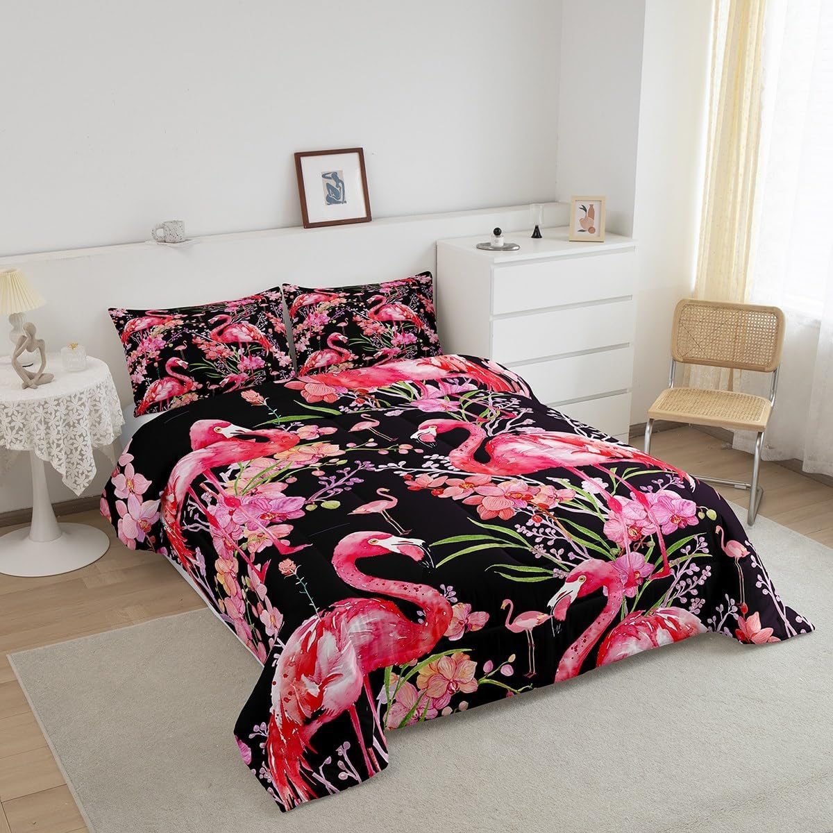 Feelyou Pink Flamingo Bedding Set Queen Size, Floral Flamingo Comforter Tropical Flamingo Pattern Comforter Set for Kids Toddler Animal Decor Duvet Set Lightweight Quilt Set