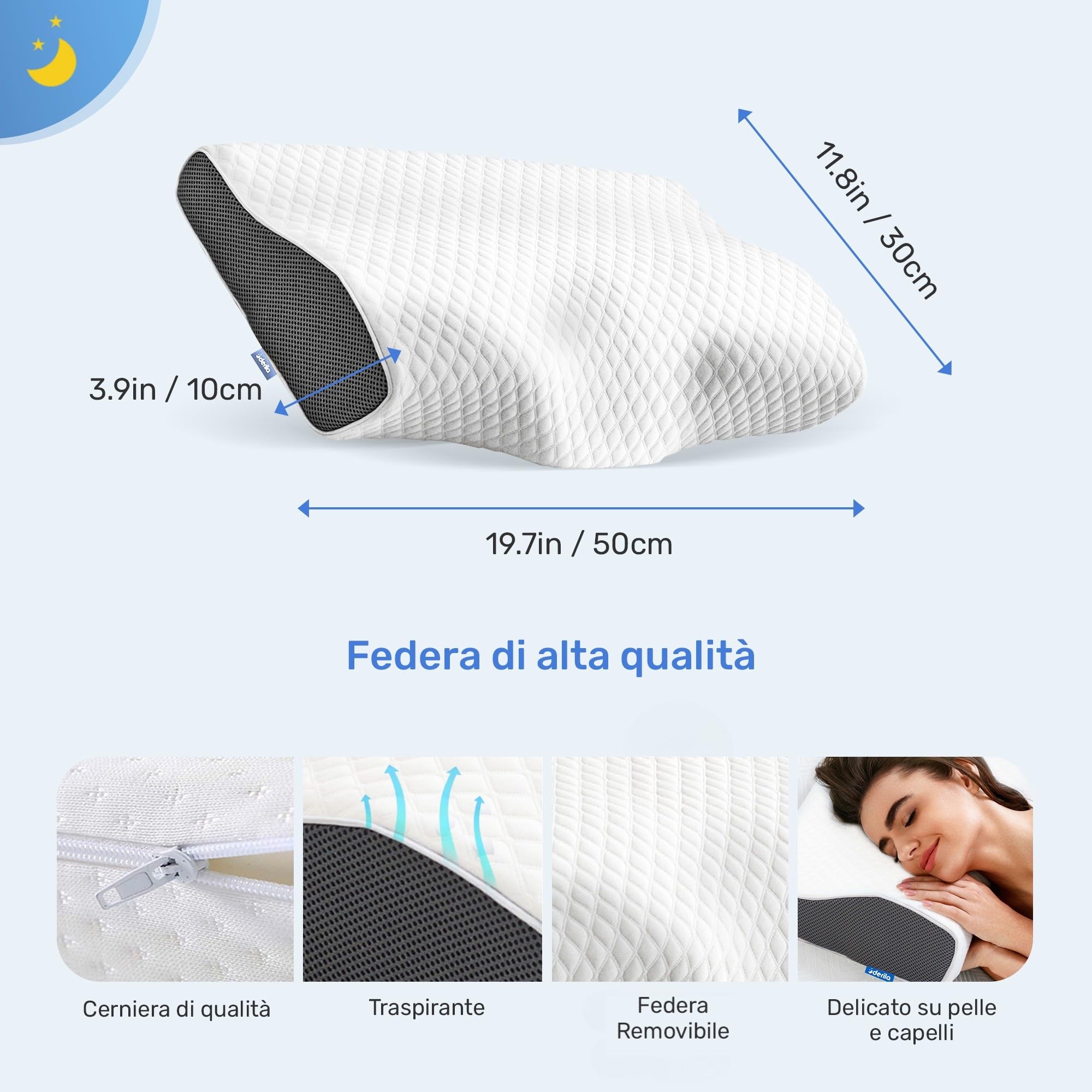 Derila Guanciale Memory Foam Cervicale Queen Size per Dormire | Design a farfalla. Confezione singola. Fodera rimovibile lavabile in lavatrice. Si espande in 24h.