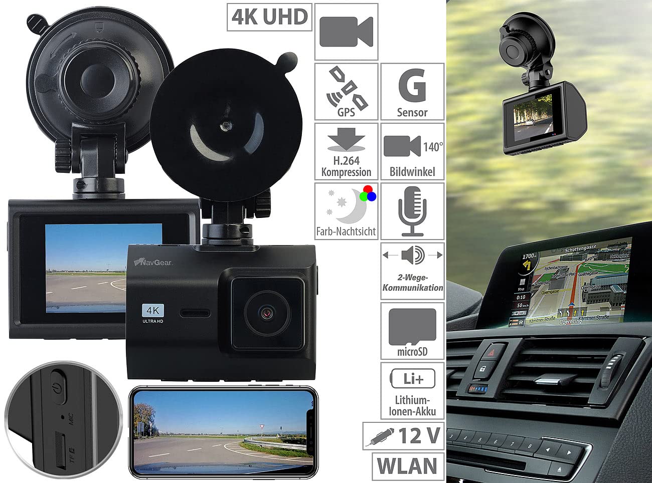 NavGear Dash Kamera: 4K-UHD-Dashcam mit GPS, Nachtsicht, WDR, WLAN & App, Sony-Sensor, 140° (Auto Cam, Autocamera, WiFi)