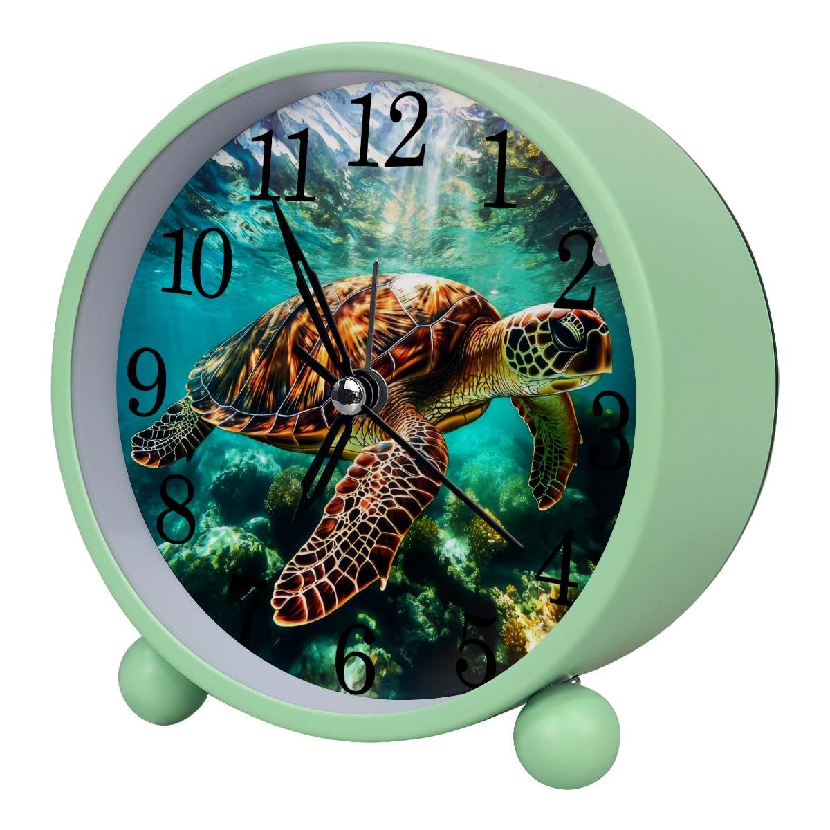 Luoweisi Alarm Clock Underwater Turtle, Silent Non-Ticking with Night Light, Round Metal Alarm Clock for Office, Battery Operated, Bedroom, Elderly, Adults, Children, Student Gifts