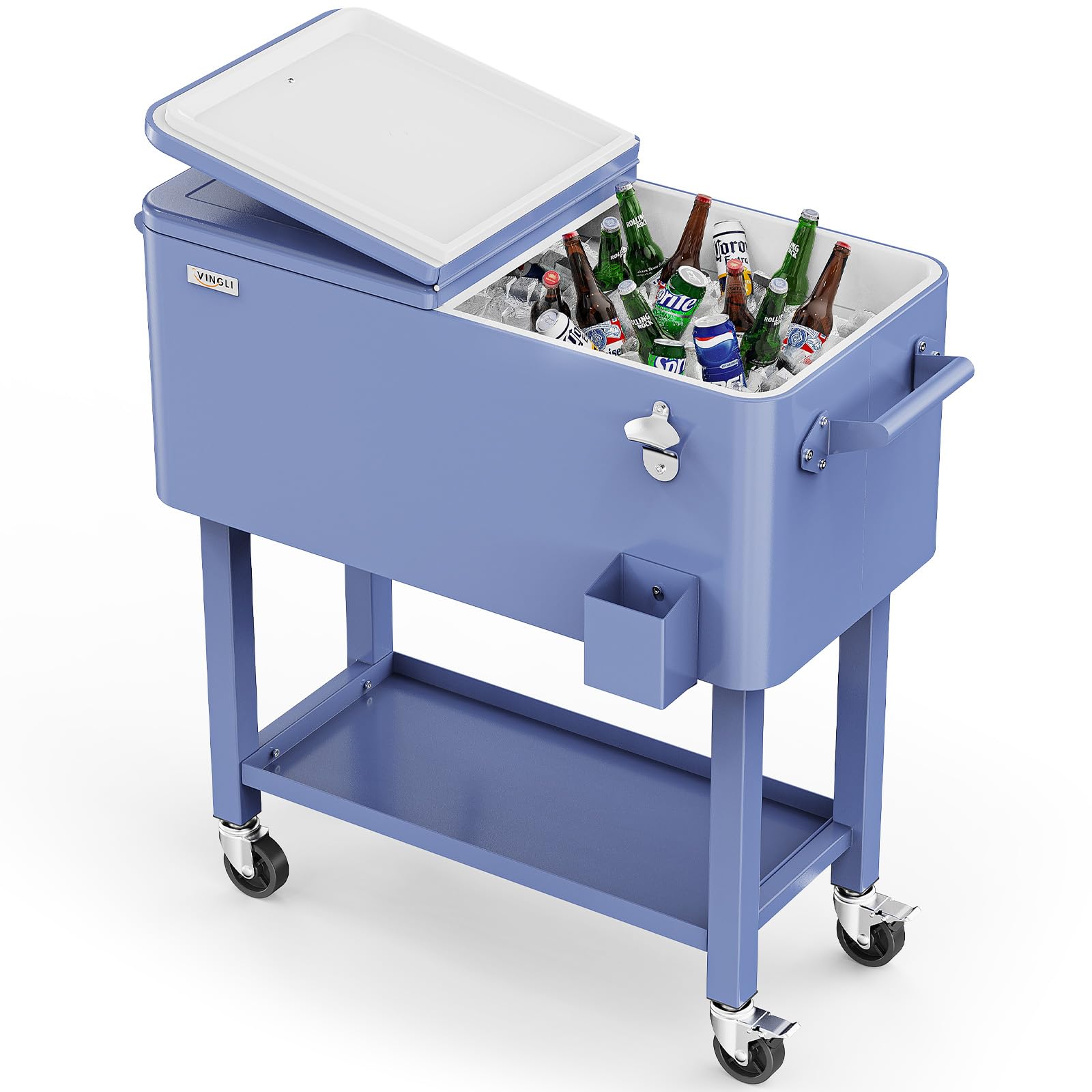 VINGLI Rolling Ice Chest, Portable Patio Party Bar Drink Cooler Cart, with Shelf, Beverage Pool with Bottle Opener