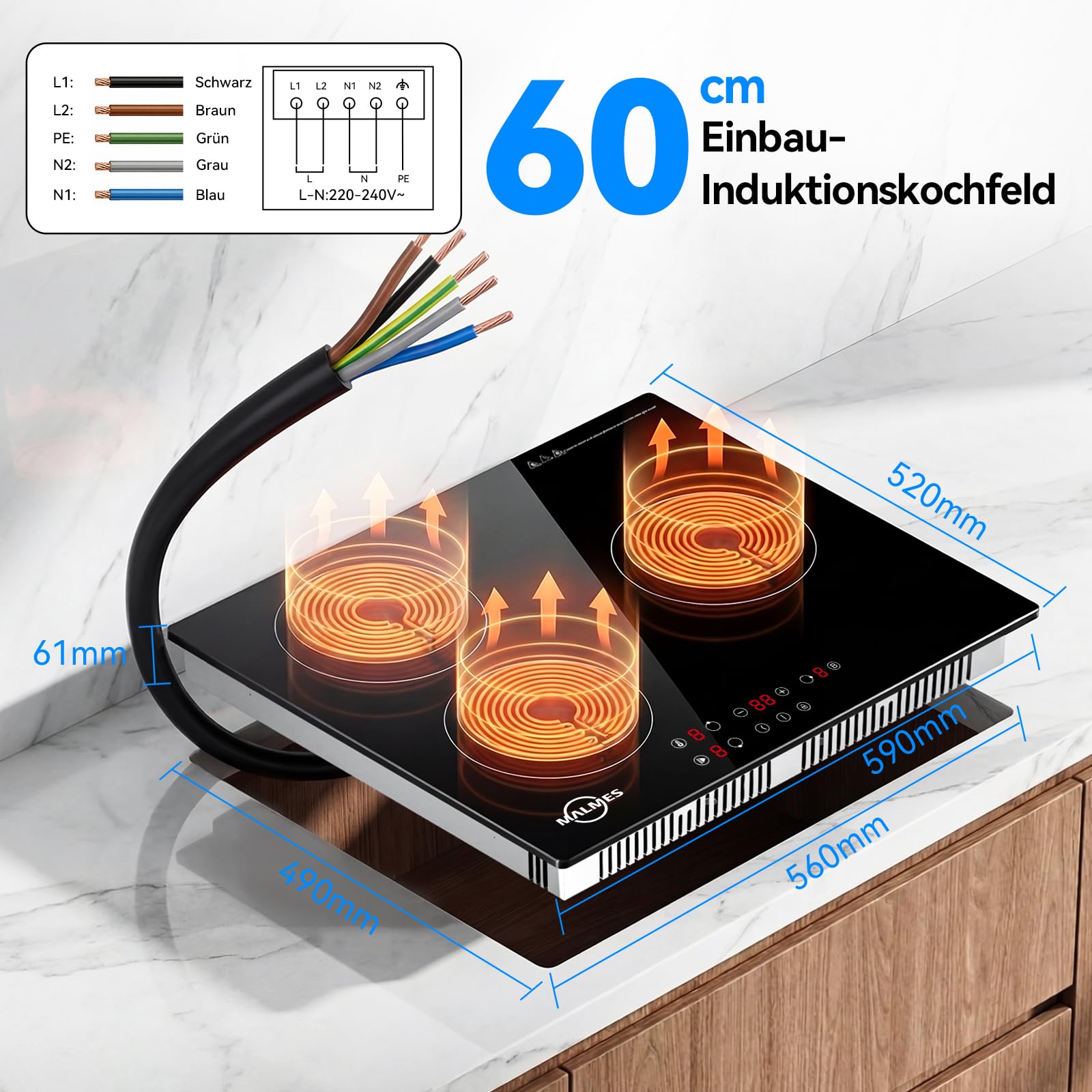 3 Platten Induktionskochfeld 60 cm, 5500W Einbau Kochfeld Induktion | Power Booster Touch-Bedienung, 9 Leistungsstufen, Sicherheitsschloss, Touch-Bedienung, Zeitschaltuhr, D60355C1