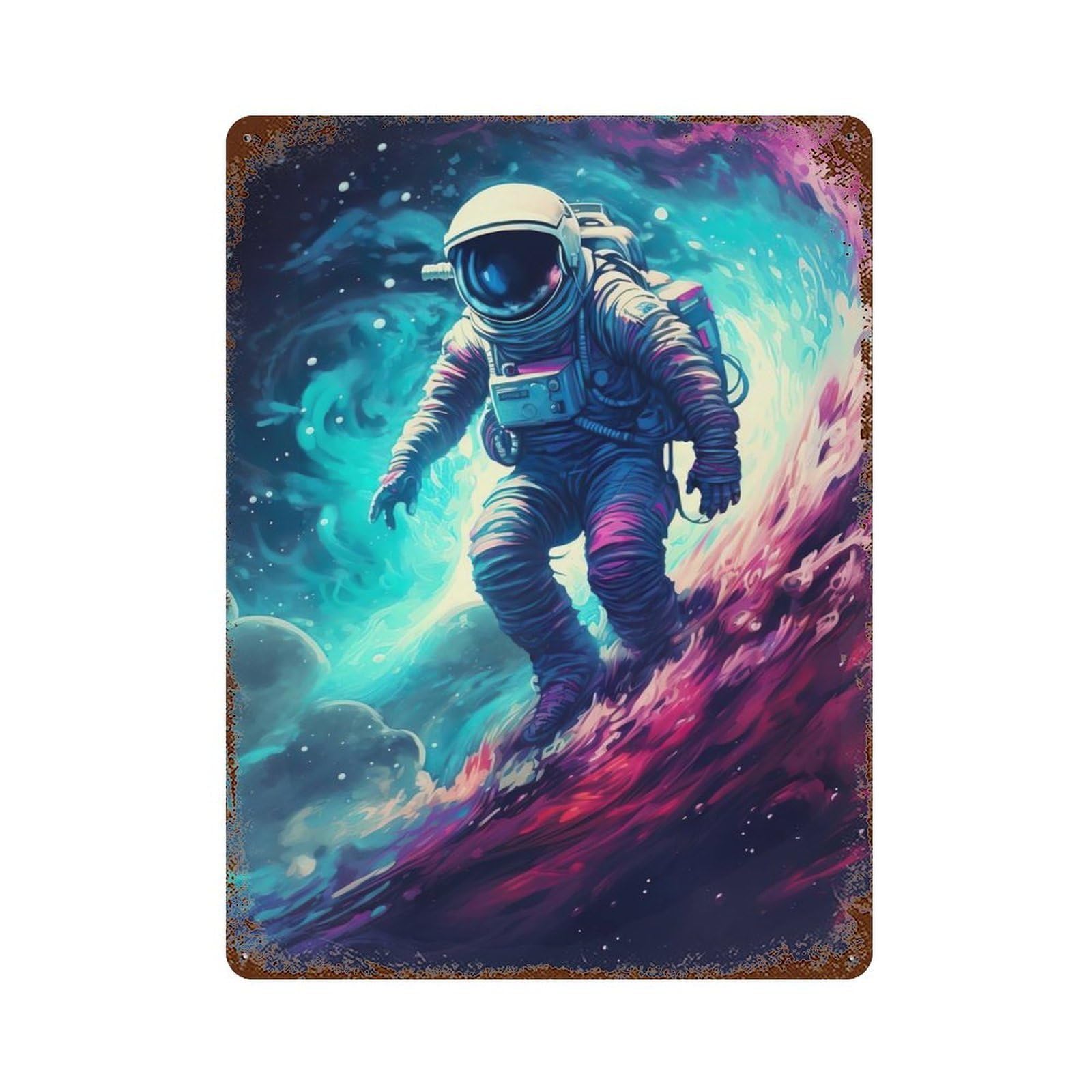 Astronaut in Space Surfer Vintage Wall Sign 15.7"x11.8", Rust Effect Metal Decor for Farmhouse, Kitchen And Entryway Decor