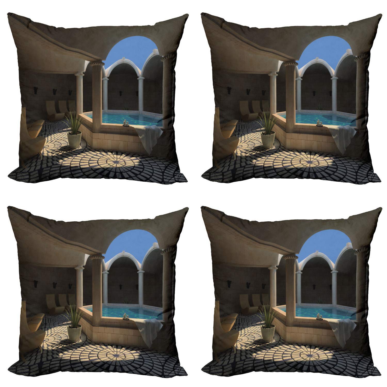 ABAKUHAUS Moderno Federe Cuscini Set di 4, Spa Resort Rilassante, Stampa Digitale Fronte-Retro con Accento Moderno, 60 cm x 60 cm, Blu Aqua Beige