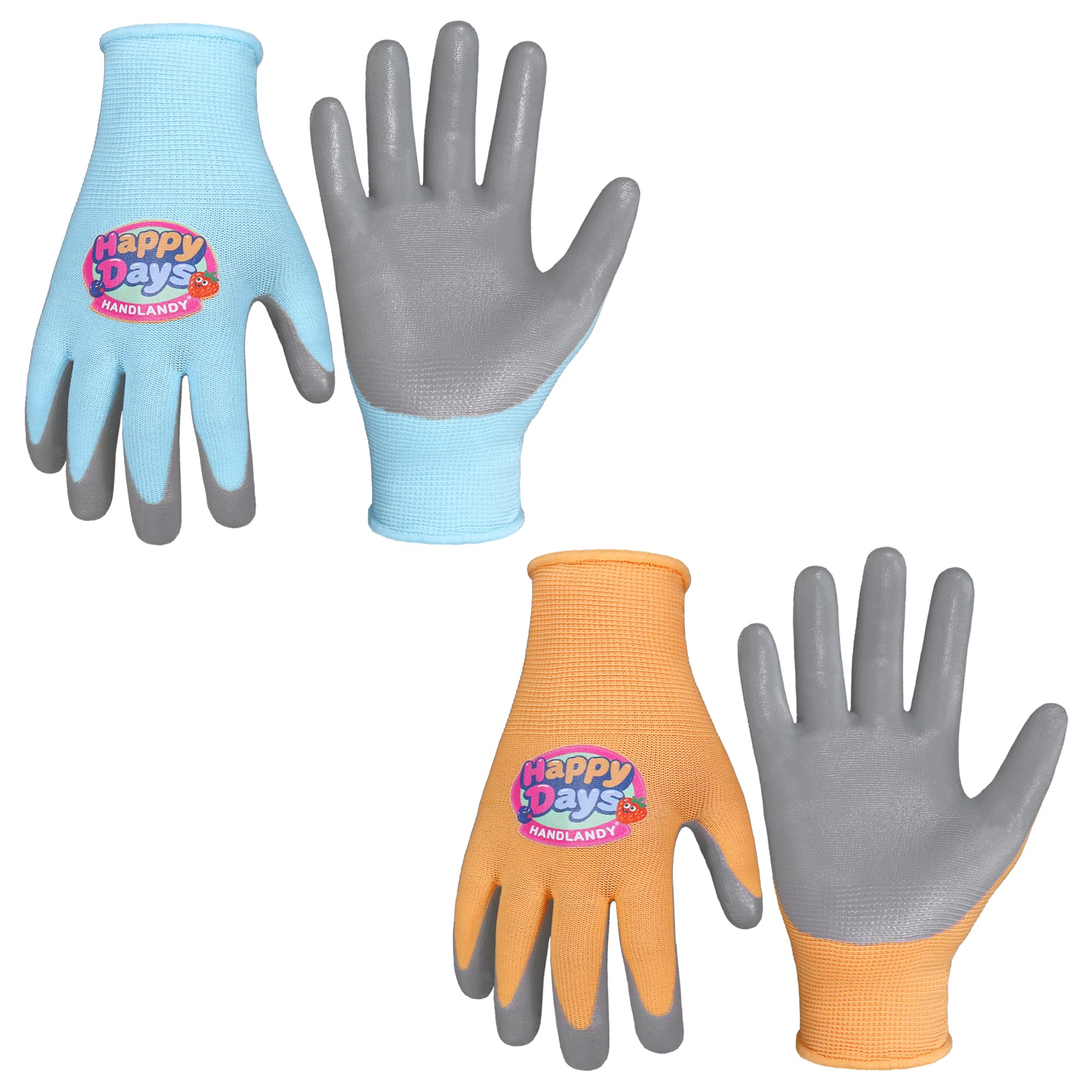 HANDLANDY 2 Pairs Kids Gardening Gripper Gloves, Foam Nitrile Coated Children Toddler Garden Yard Work Outdoor Playing Gloves for Girls Boys (Gray Blue & Orange, S)
