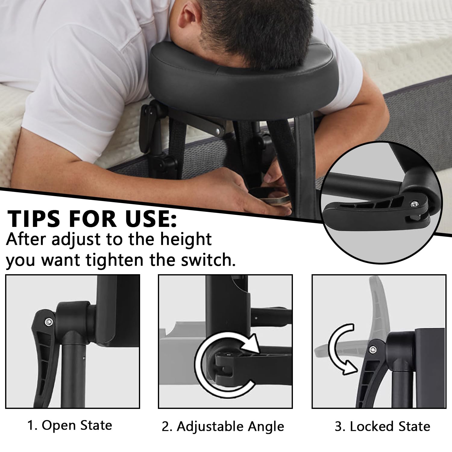 Massage Kopfstütze für Bett, 180° Verstellbare Kopfstütze mit Gesichtskissenhalterung, Massage-Matratzenauflage mit Armlehnenbrett und Aufbewahrungstasche, für Matratzen Einer Dicke 14-45cm