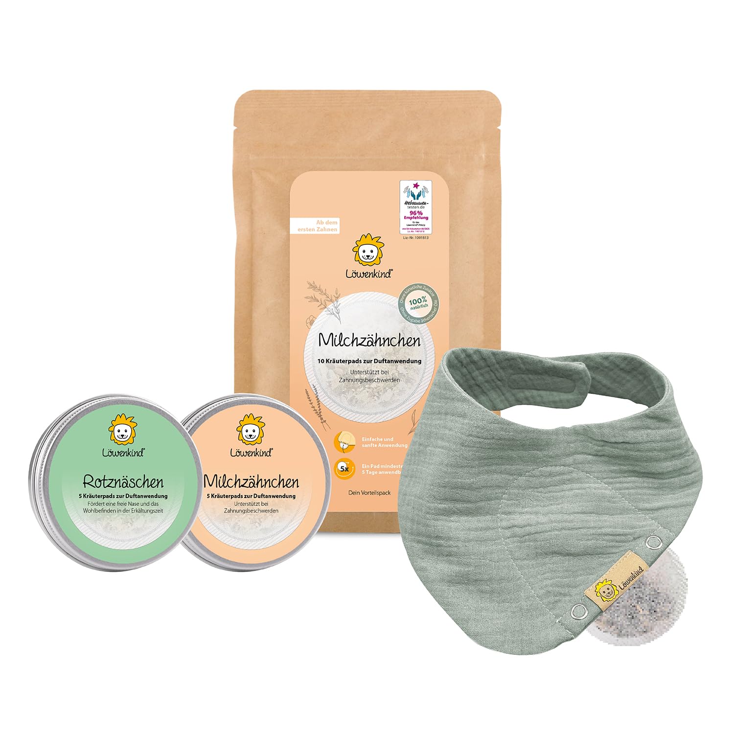 LÖWENKIND Milchzähnchen-Special | ab Geburt | Natürliche Zahnungshilfe ohne Zusatz ätherischer Öle | 20 Kräuterpads Rotznäschen und Milchzähnchen | Musselin-Halstuch mit Padtasche (Pistazie)
