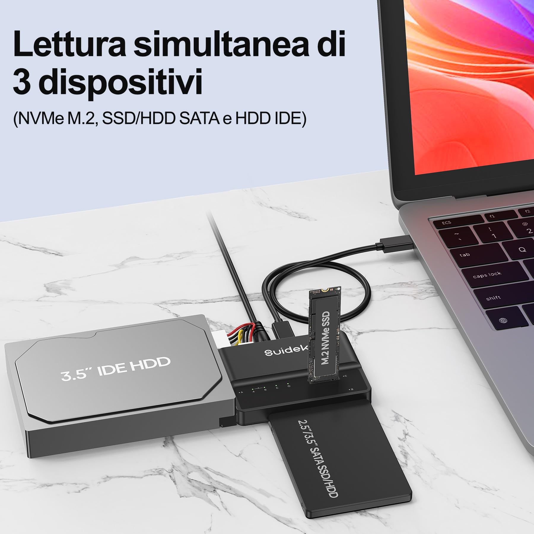 SUIDEK Adattatore M.2, Lettore di dischi rigidi USB 10 Gbps, Adattatore PCIe NVMe, SATA e IDE supporto per M.2 (chiave M e chiave M+B) di qualsiasi dimensione, SATA da 2,5/3,5" e IDE da 3,5"