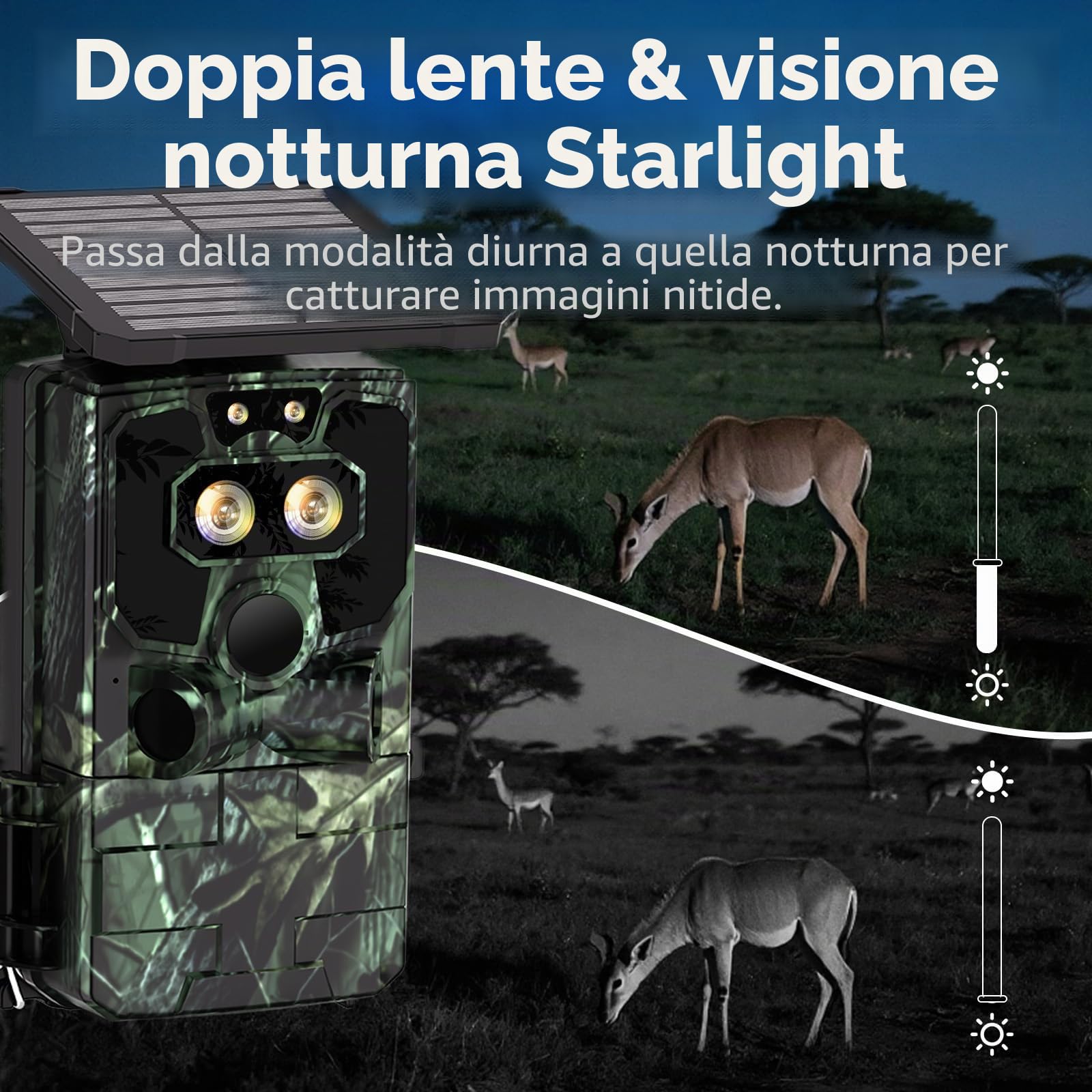 VOOPEAK Doppia lente solare per selvaggina Wi-Fi 4K 60MP, luce stellata, visione notturna, con trasmissione del cellulare, APP, telecamera per animali selvatici con visione notturna, sensore di