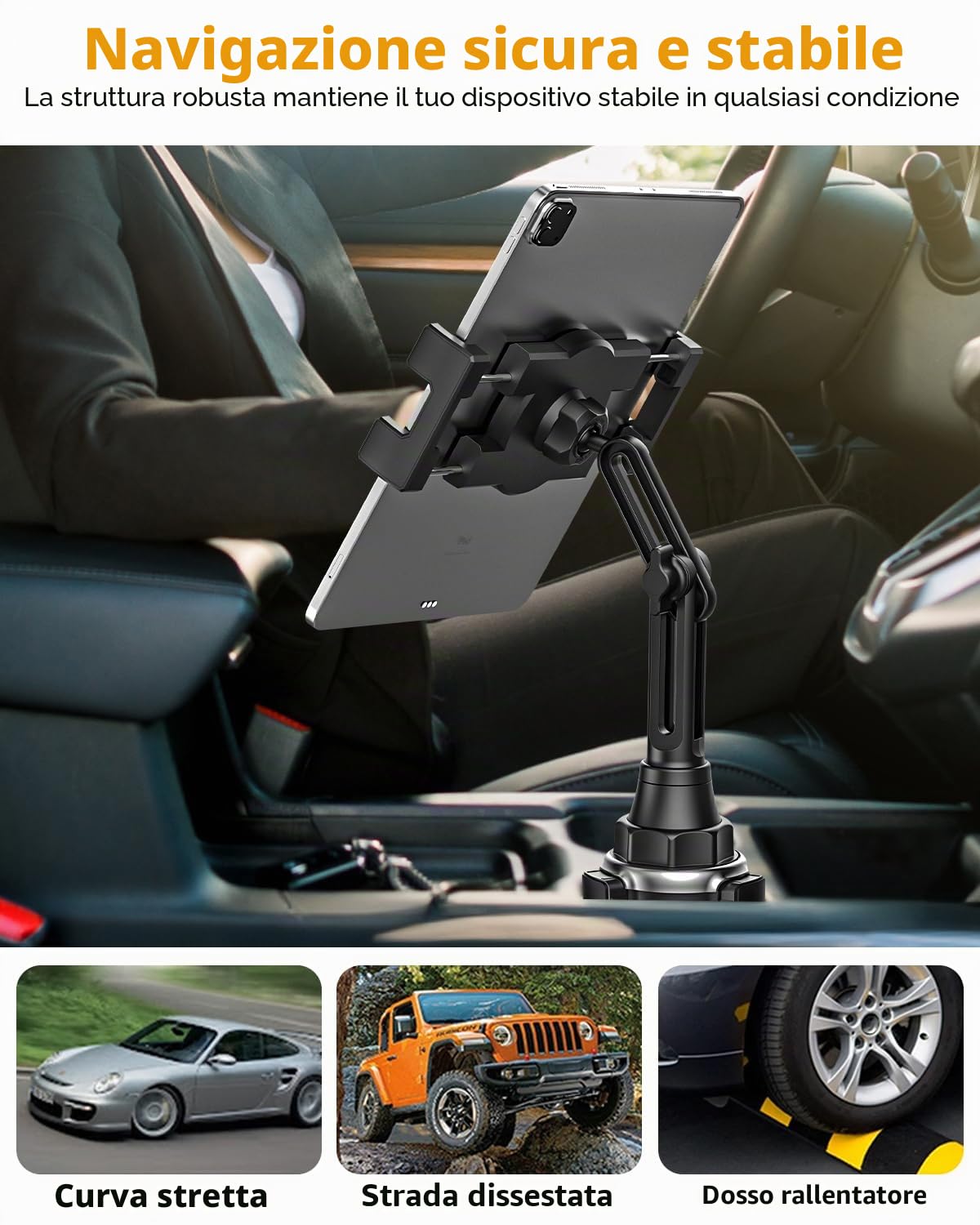 Supporto Tablet Auto Portabicchieri, Porta Tablet & Telefono Tazza Camion con Braccio Regolabile, per iPad PRO 12.9 10.5 9.7 Air Mini 5 4 3 2, Samsung Tab, iPhone 12 PRO Max e 4-13 Pollice