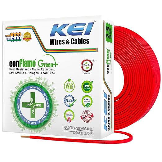 KEI CONFLAME GREEN PLUS 2.5 sqmm 1 Core, 99.97% Pure Copper Conductor,Flame Retardant Low Smoke & Halogen - Lead Less Insulation House Wire for Domestic & Industrial Electrical Wiring (Red, 90 Meters)