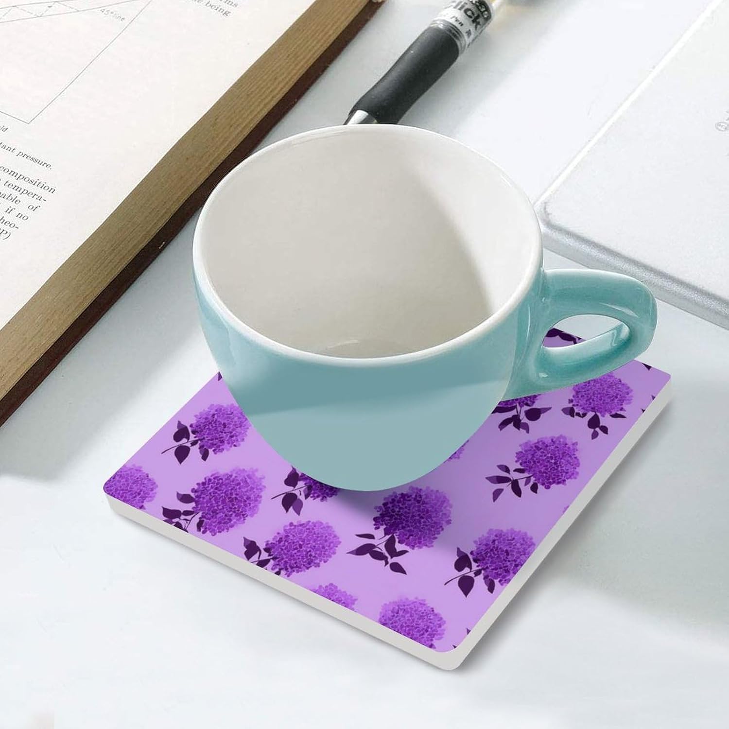 Purple Lilac Flower Coaster for Drinks Square Ceramic Table Coasters Stone Mat Crafts 4PCS Home Kitchen Decor