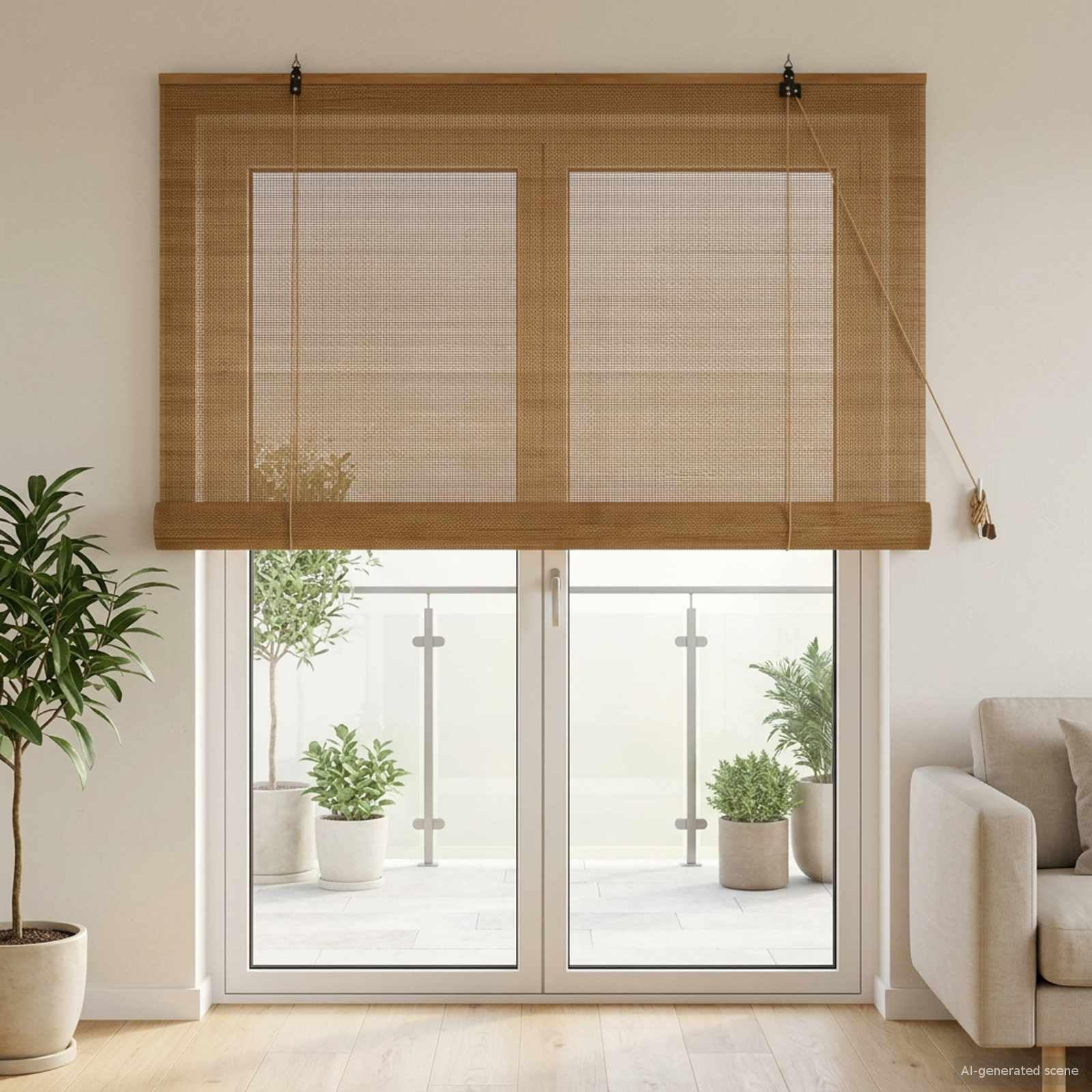 Estor Enrollable de bambú marrón 150 x 220 cm para Interior y Exterior Control de luz Ajustable, fácil instalación, protección UV, privacidad y Estilo Natural para hogar y Oficina