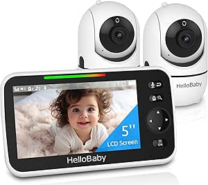 HelloBaby Upgrade 5’’ Baby Monitor with 30-Hour Battery, 2 Cameras Pan-Tilt-Zoom, 1000ft Range Video Audio Baby Monitor No WiFi, VOX, Night Vision, 2-Way Talk, 8 Lullabies and Temperature asin的图片