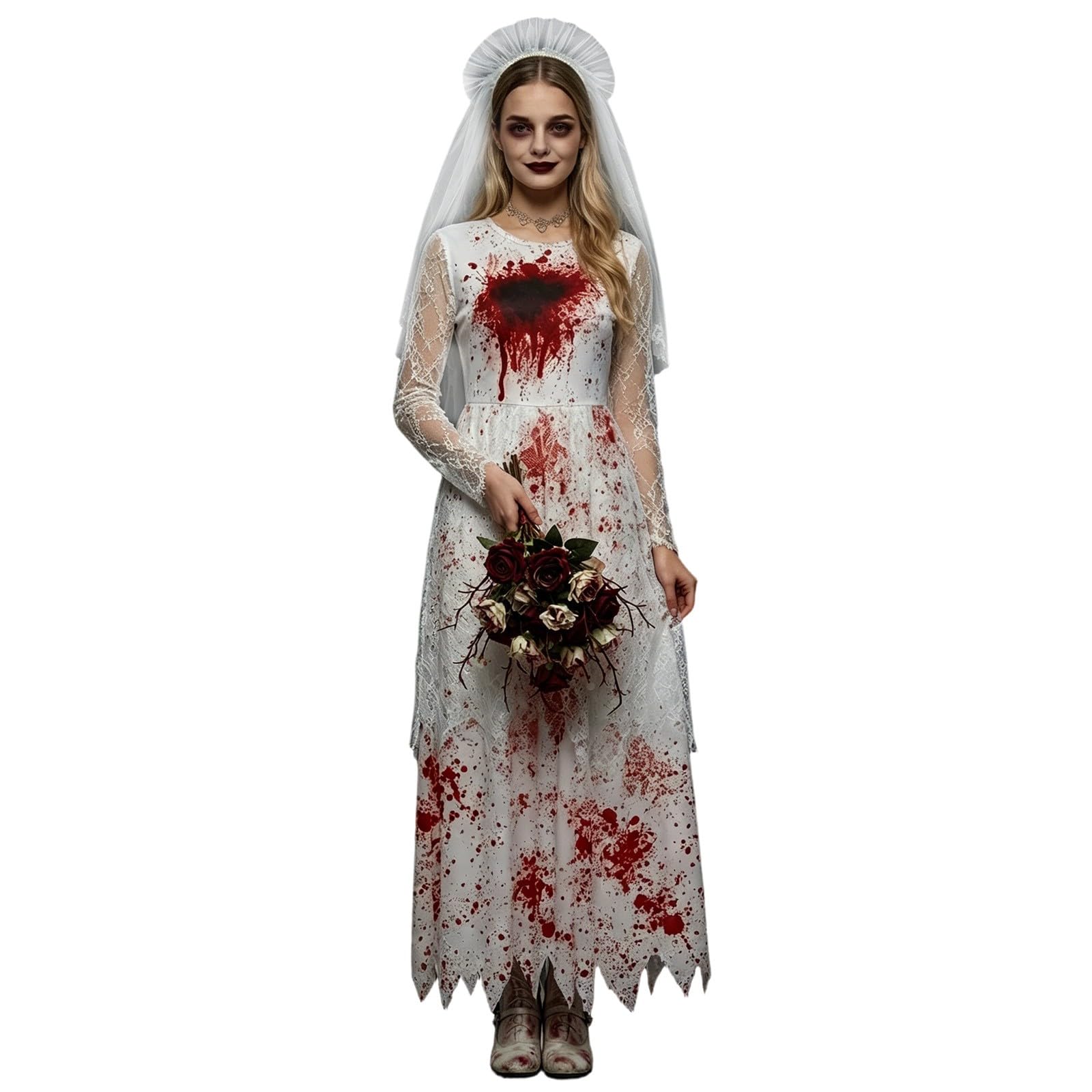 Zombie Nurse Dress Halloween Costume with Cap Horror Medical Outfit for Women, Bloody Fancy Dress Set for Parties & Stage Shows Scary Cosplay Ensemble Halloween Costume Womens