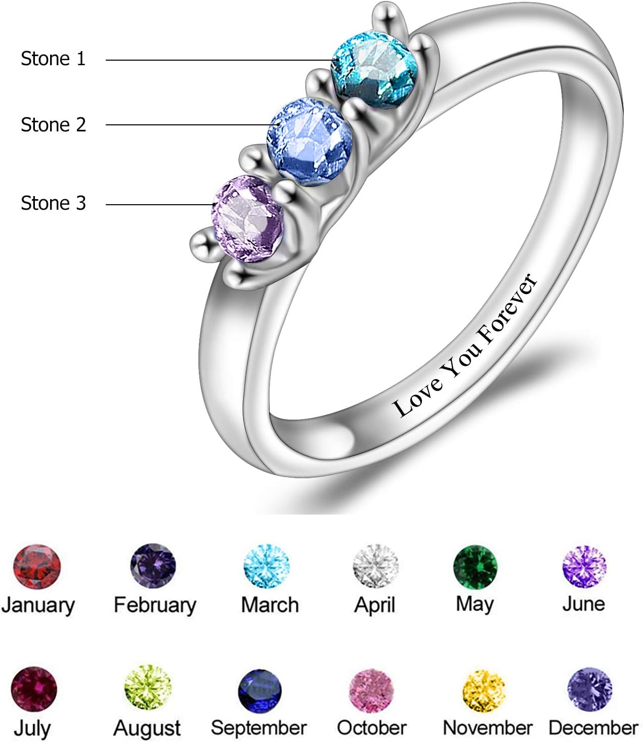 BAUMA AUTO Mothers Ring Personalized S925 Mothers Rings with 3 Simulated Birthstones for Grandmother Mother Meaningful Anniversary Rings for Women Wife