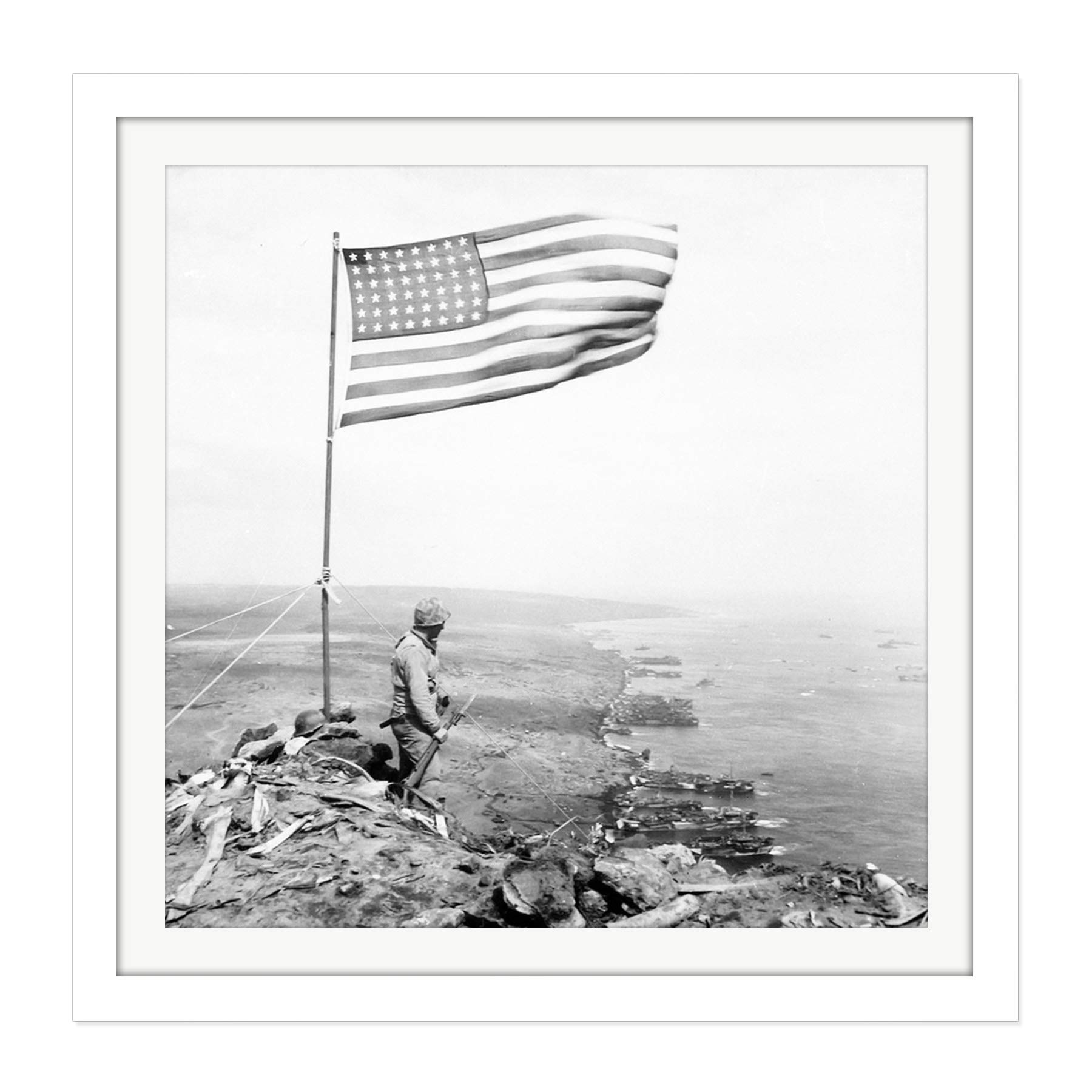 War WWII USA Soldier Suribachi Iwo Jima 1945 Photo Square Wooden Framed Wall Art Print Picture 16X16 Inch