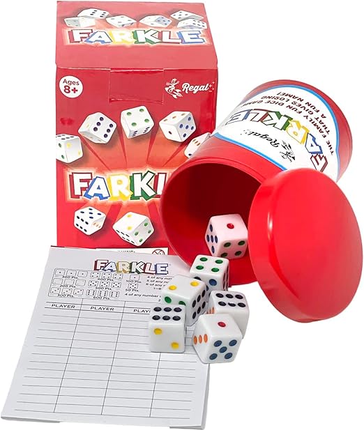 Regal Games - Farkle Classic Dice Game w/ 6 Colored Dice, 1 Convenient Dice Cup for Easy Shaking, and 25 Score Sheets - Fun Family Game for Travel, Camp, and More - Ideal for 2-4 Players (Ages 12+)