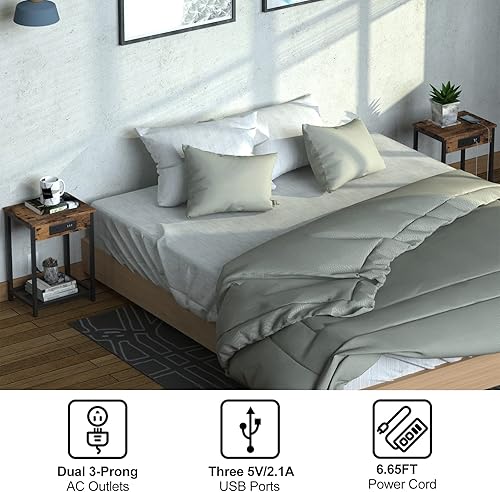Miniatura 7 de CADUKE Juego de 2 mesitas de noche, mesita de noche con estación de carga para dormitorio, mesa auxiliar industrial con puertos USB y tomas de café