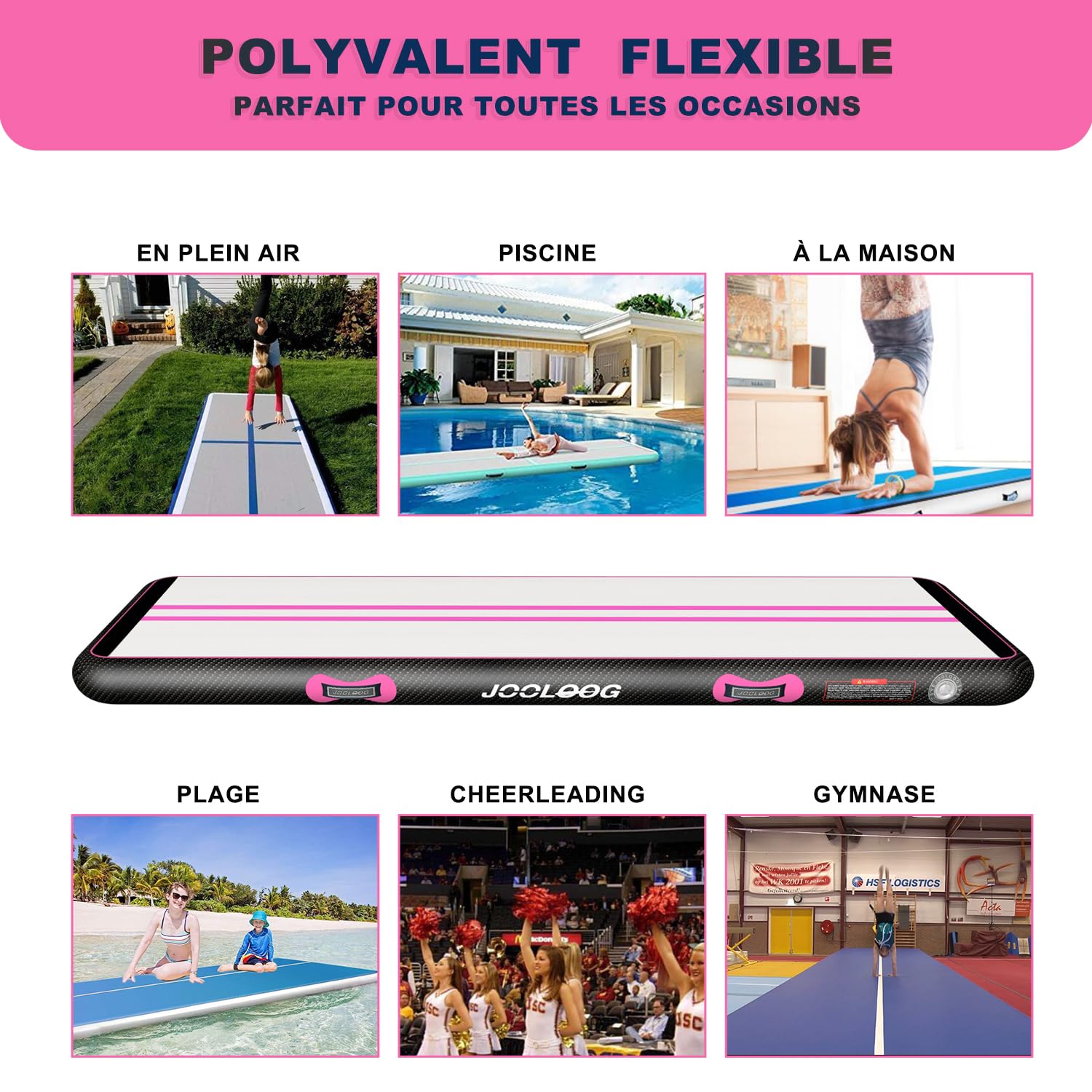Tapis de gymnastique gonflable de 2 m, 2 m, 3 m, 4 m, 5 m, 6 m avec pompe à air électrique de 650 W pour tapis de culbute, tapis de 10.20 cm d'épaisseur pour usage domestique, plage, parc