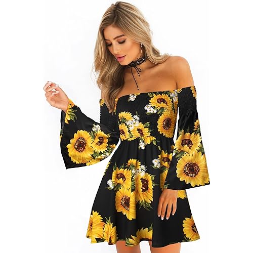 ONEYIM Women's Dress Summer Floral Long Sleeve Off Shoulder Casual Mini Dresses