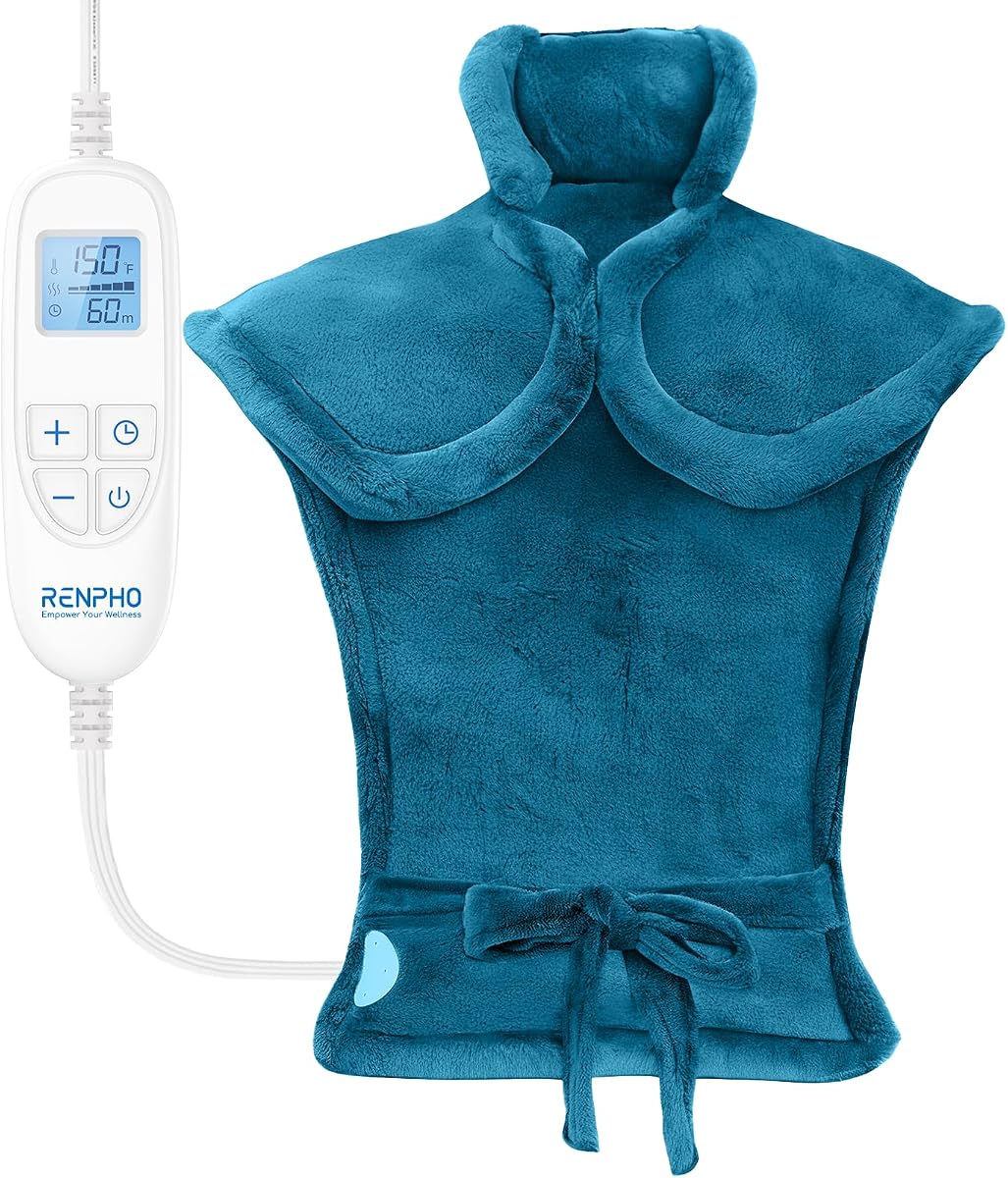 RENPHO Almohadilla térmica eléctrica para cuello, hombros y espalda, HSA elegible para FSA | Almohadilla térmica grande con peso, calentamiento rápido, regalo de cumpleaños para mujeres y hombres, envoltura térmica para el cuello, certificación ETL, 24 x 33", azul