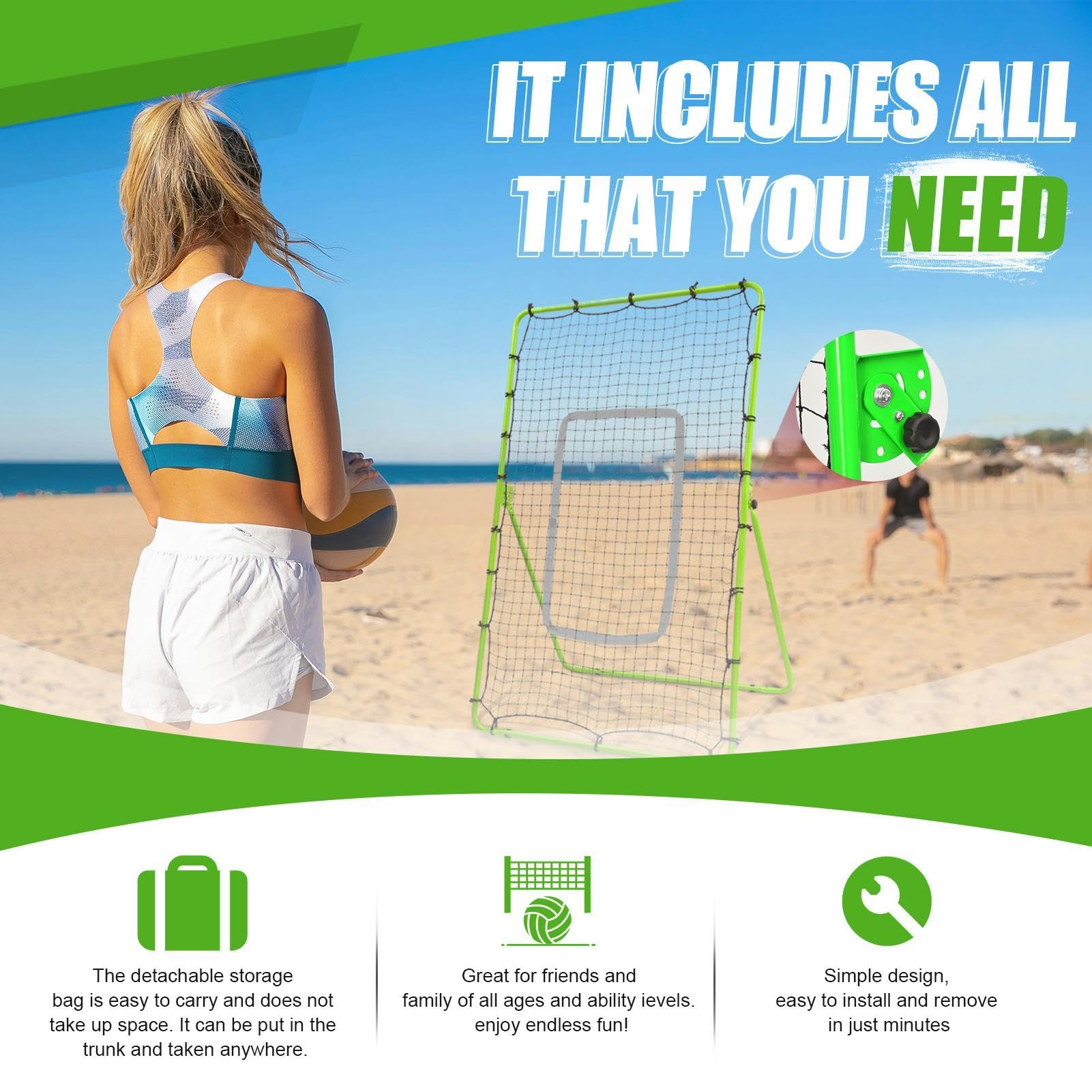 Rebounder Net Volleyball | Stable Portable Volleyball Practice Net with Steel Frame,Lightweight Multifunctional Angle Adjustable Training Supplies for Backyard Beach Garden