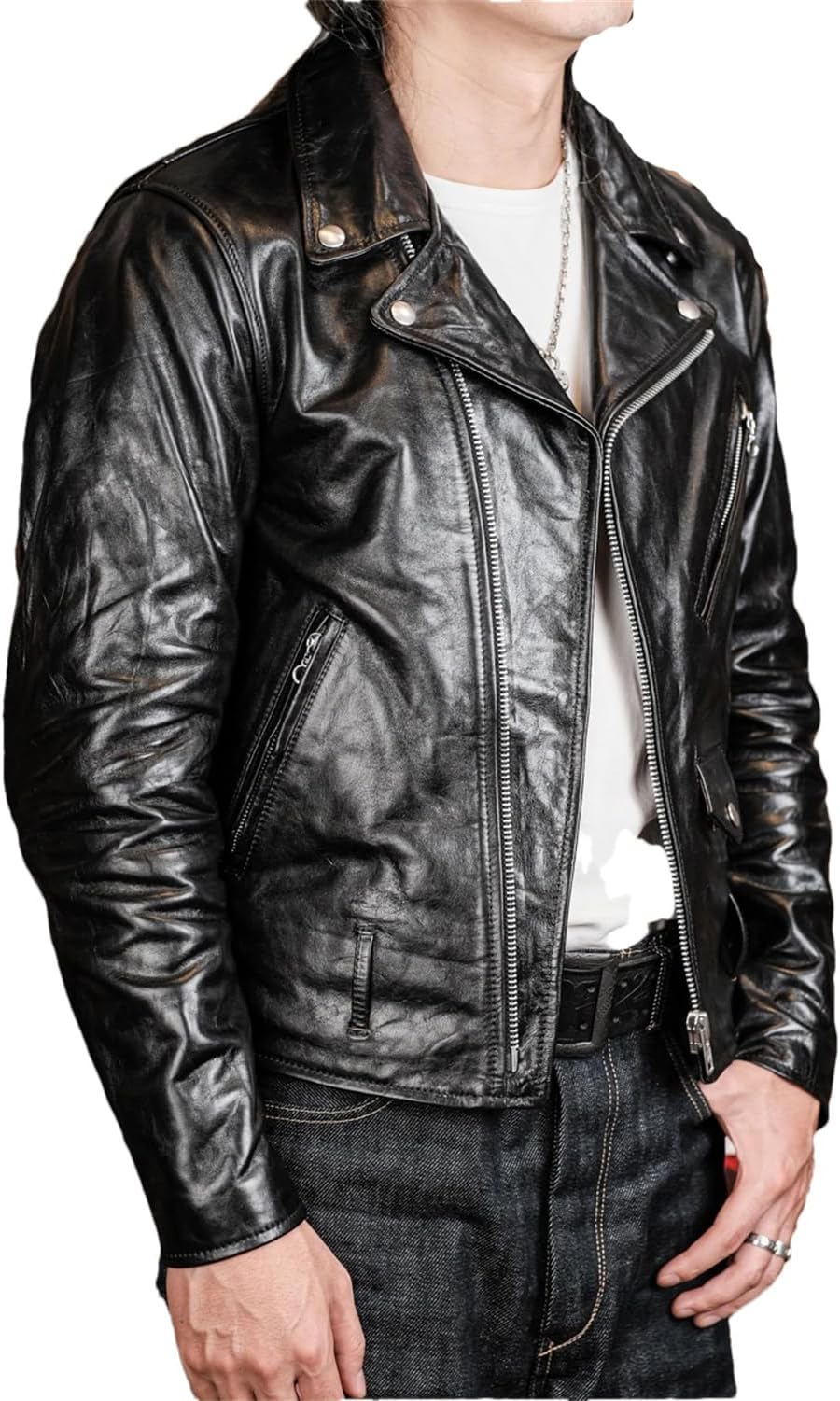 Mens Horsehide Jacket Classic Moto Racer Genuine Leather Coat Lapel Asymmetric Zip-Up Biker Coat