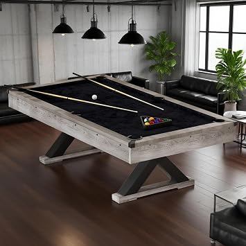84" Rustic Grey Pool Table with X-Shaped Legs and Black Cloth Includes Billiard Balls, Cues, and Accessories for Game Room & Home Entertainment Grey Finish
