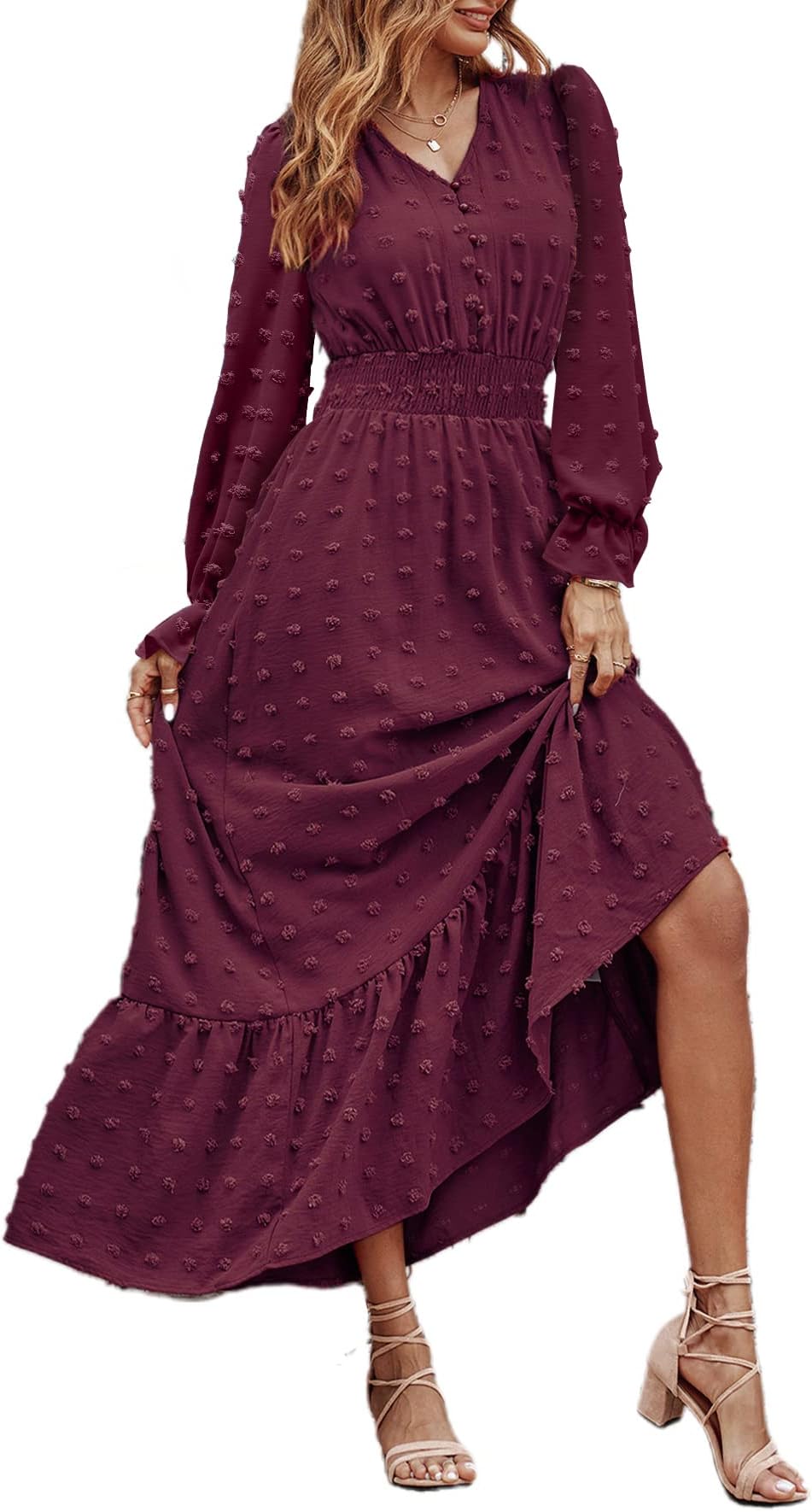 MASCOMODAWomen Maxi Dress 2025 Fall Long Sleeve V Neck Swiss Dot Boho Smocked High Waisted A-Line Tiered Flowy Long Dresses
