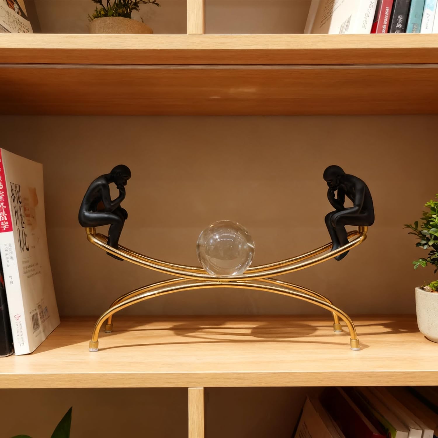 Thinker Statue with Crystal Ball, Modern Home Sculptures Black and Gold Living Room Decor， Home Office Bookshelf Desktop Display Decoration