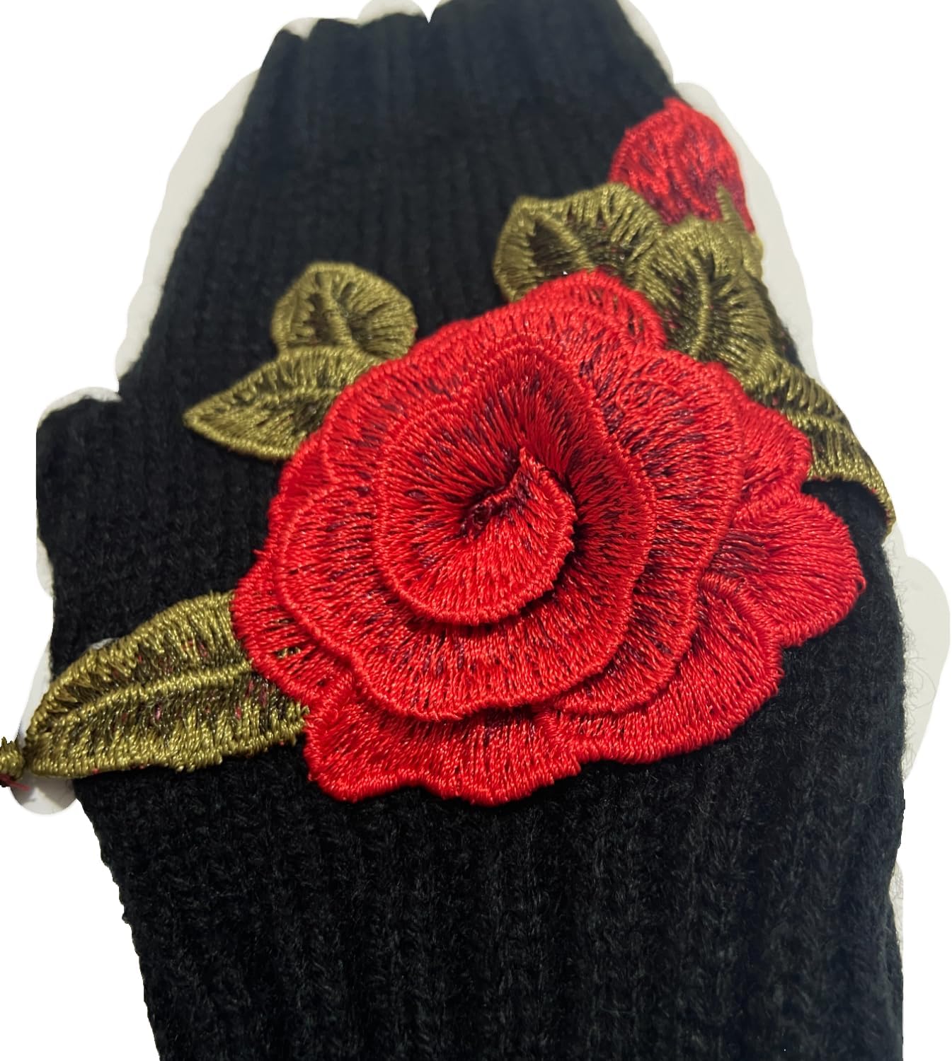 レディース ローズフラワー刺繍 冬用指なし手袋 股編みアームスリーブ